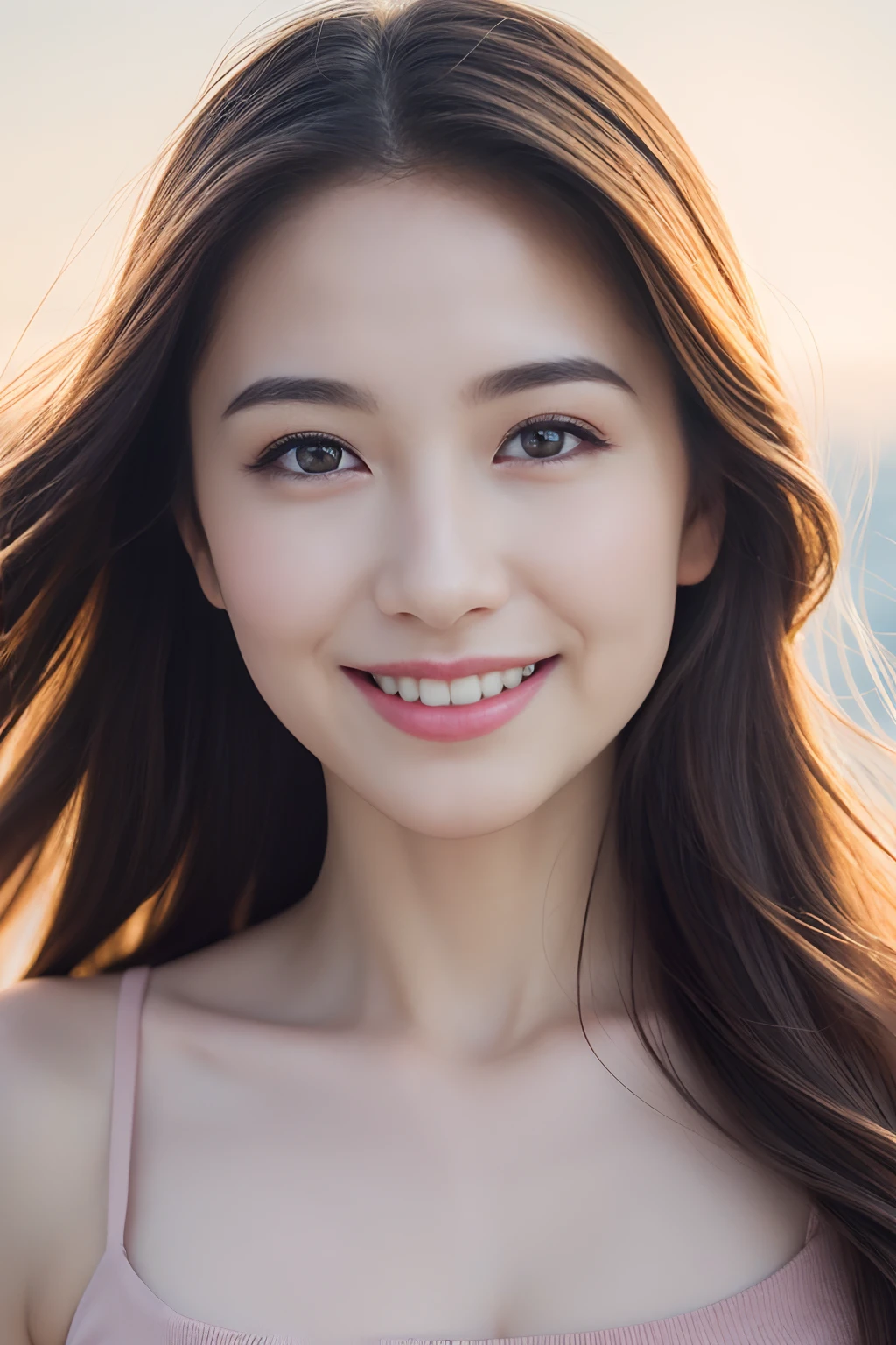 (8k, Best Quality, Masterpiece:1.2), (Realistic, Photorealistic:1.37), Ultra Detail, 1 Girl,Cute,Solo,Beautiful Detailed Sky,Date,(Blush),(Smile:1.15),(Closed Mouth)Small Breasts,Beautiful Detailed Eyes,(Long Hair: 1.2),Floating Hair NovaFrogStyle, Upper Body, Tank Top