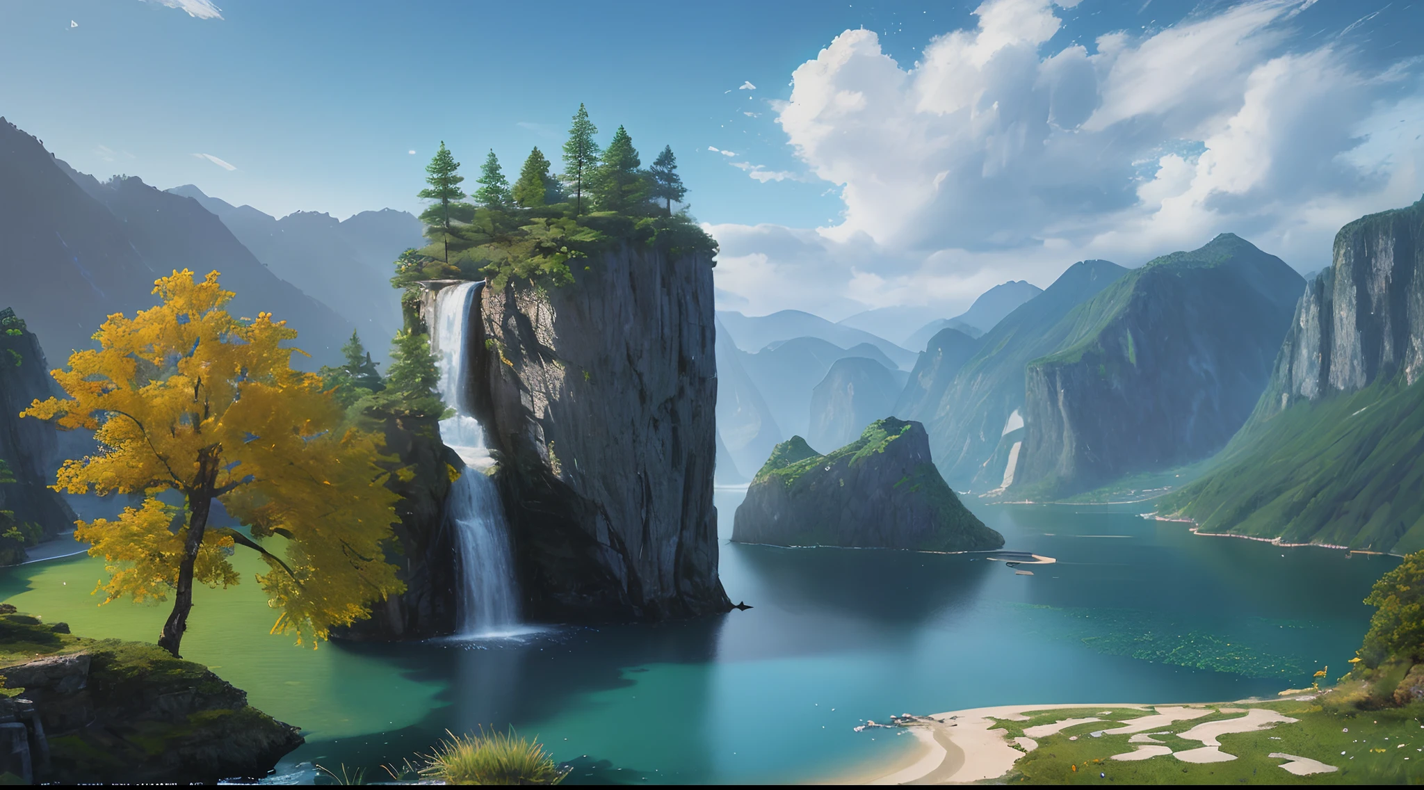 landscape,water,(extremely detailed CG unity 8k wallpaper), most beautiful artwork in the world,professional majestic oil painting,intricate, High Detail, Sharp focus, dramatic, photorealistic painting art