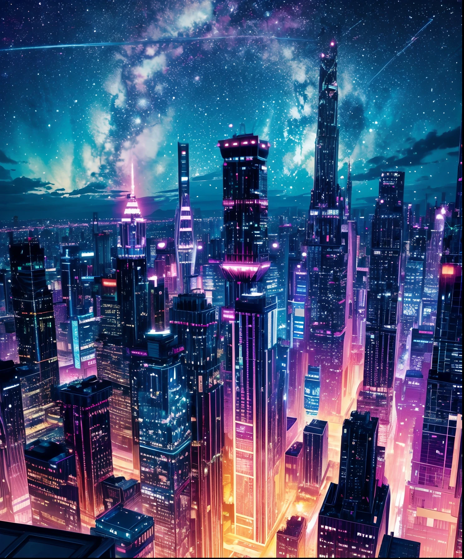 Sheet music plays、Colorful sheet music plays、Cute girl characters、 Night view from a high place、Drawing a large number of skyscrapers, Looking up at the starry sky. Surround her with colorful nebulae and colorful metropolis.