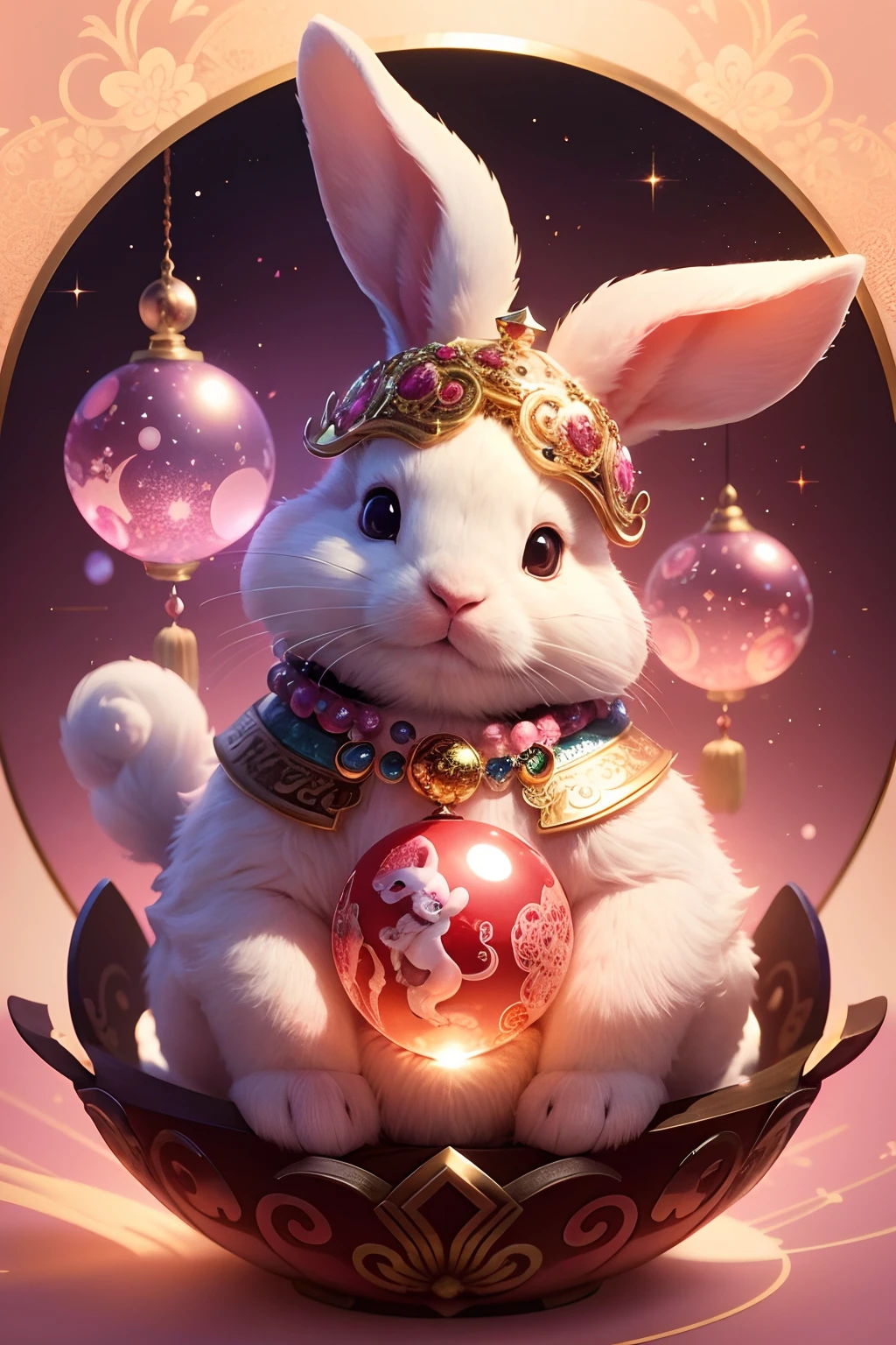 Cute Chinese zodiac rabbit decorated with various jewelry ornaments,With a shining crystal ball,staring directly at camera, at centre,Very bright colors, light Particle, with light glowing, Musif, Wallpaper Art, UHD Wallpapers, Background Pink, Crystal Horoscope、Mystical、mystical
