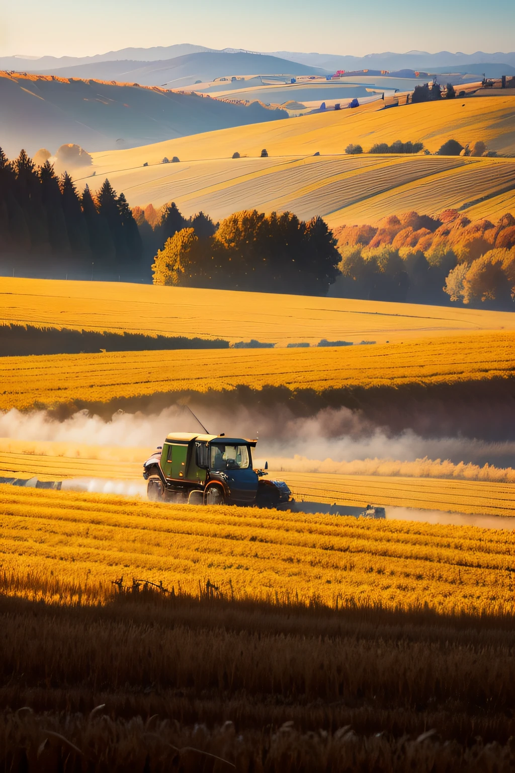 autumnal,There are harvesters cutting the wheat in the field,photore
