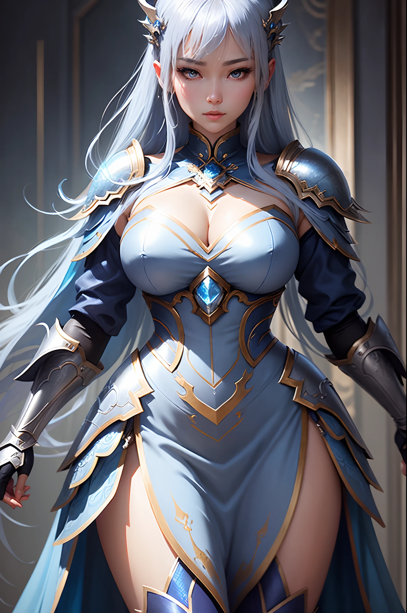 a close up of a woman in a silver and blue dress, chengwei pan on artstation, by Yang J, detailed fantasy art, stunning character art, fanart best artstation, epic exquisite character art, beautiful armor, extremely detailed artgerm, detailed digital anime art, artgerm on artstation pixiv, armor girl