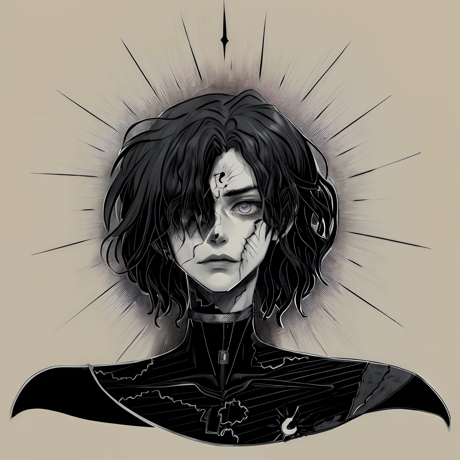 a drawing of a man with a scarred face and a collar, simple lineart, perfect lineart, bold lineart, clean lineart, lineart, extremely fine ink lineart, line art!!, intense line art, clean anime outlines, thick lineart, sharp lineart, demon slayer rui fanart, intense black line art, delicate androgynous prince, male, many scars, scars on body, scars on face