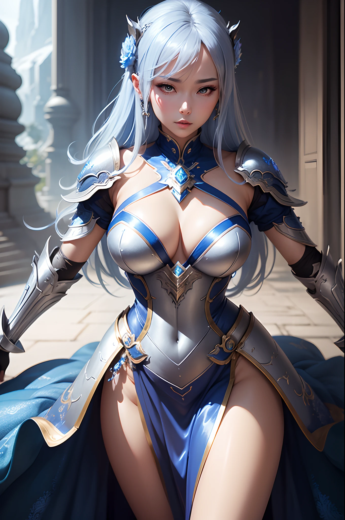 a close up of a woman in a silver and blue dress, chengwei pan on artstation, by Yang J, detailed fantasy art, stunning character art, fanart best artstation, epic exquisite character art, beautiful armor, extremely detailed artgerm, detailed digital anime art, artgerm on artstation pixiv, armor girl
