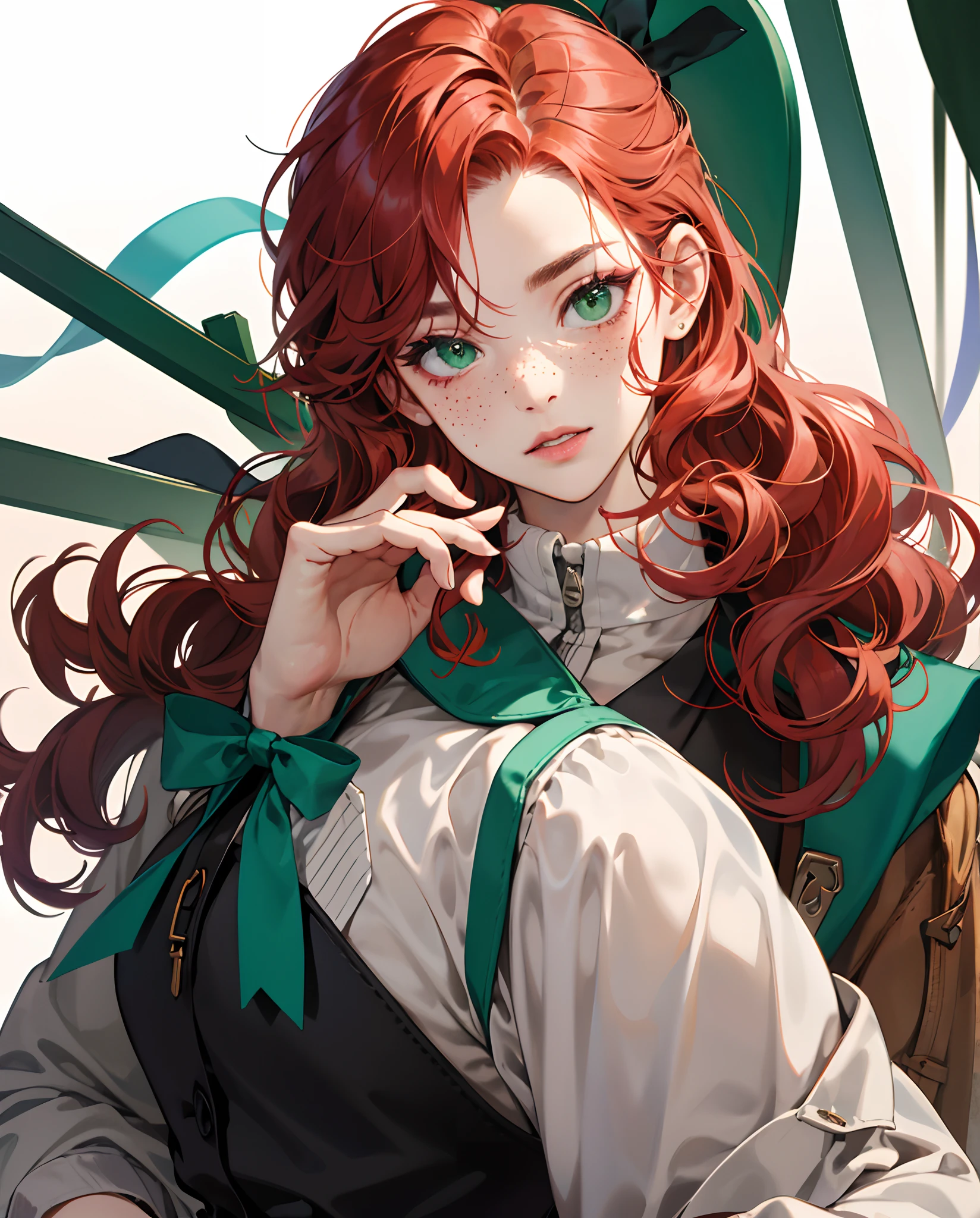 Redhead, curly hair, Green eyes, freckles, Pioneer bow around the neck.
