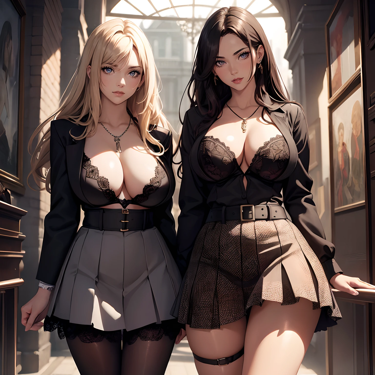 (Beautiful women standing side by side),skirt, bra,necklace,long hair, shirt, fishnet skirt,lace pantyhose,lipstick,skirt,open coat,(Masterpiece, Best Quality, High Quality), professional artwork, Intricate Details, sharp focus, detailed painting, photorealistic lighting, (vivid lighting, vibrant colors),multiple women,intimate moment womans ,perfect eyes,looking at the viewer ,perfect tits,close up view