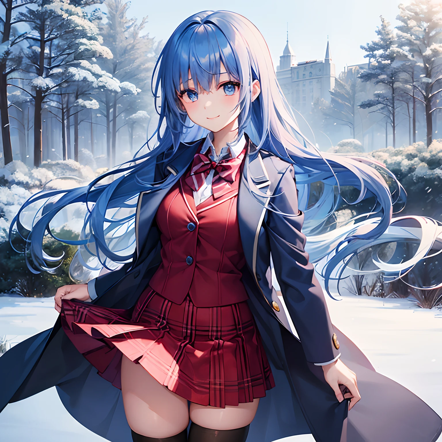 1 girl in、Blue-haired shorthair、blue eyess、Duffel coat、blazers、(Plain white shirt)、(red bowtie)、(Red checked skirt)、Black High Stockings、muffler、A smile、red tide、hightquality、best qualtiy、Winters、snowscape