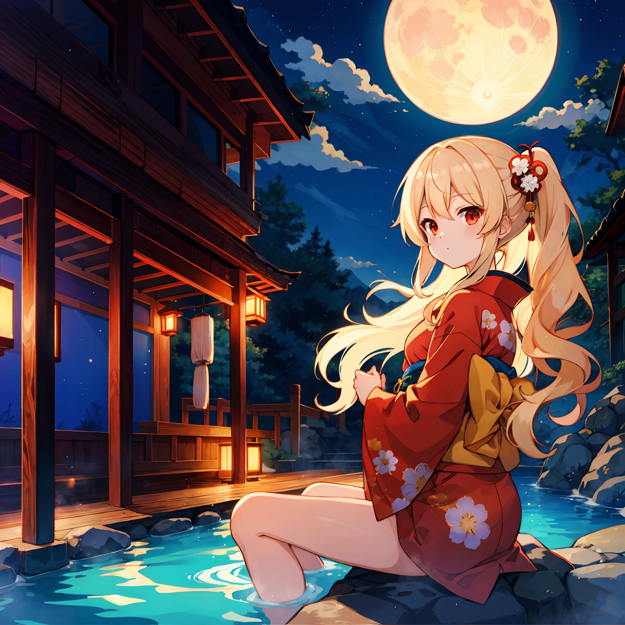 Wavy blonde、red eyes、One Beautiful Girl、Kimono、a moon、natta、hot onsen