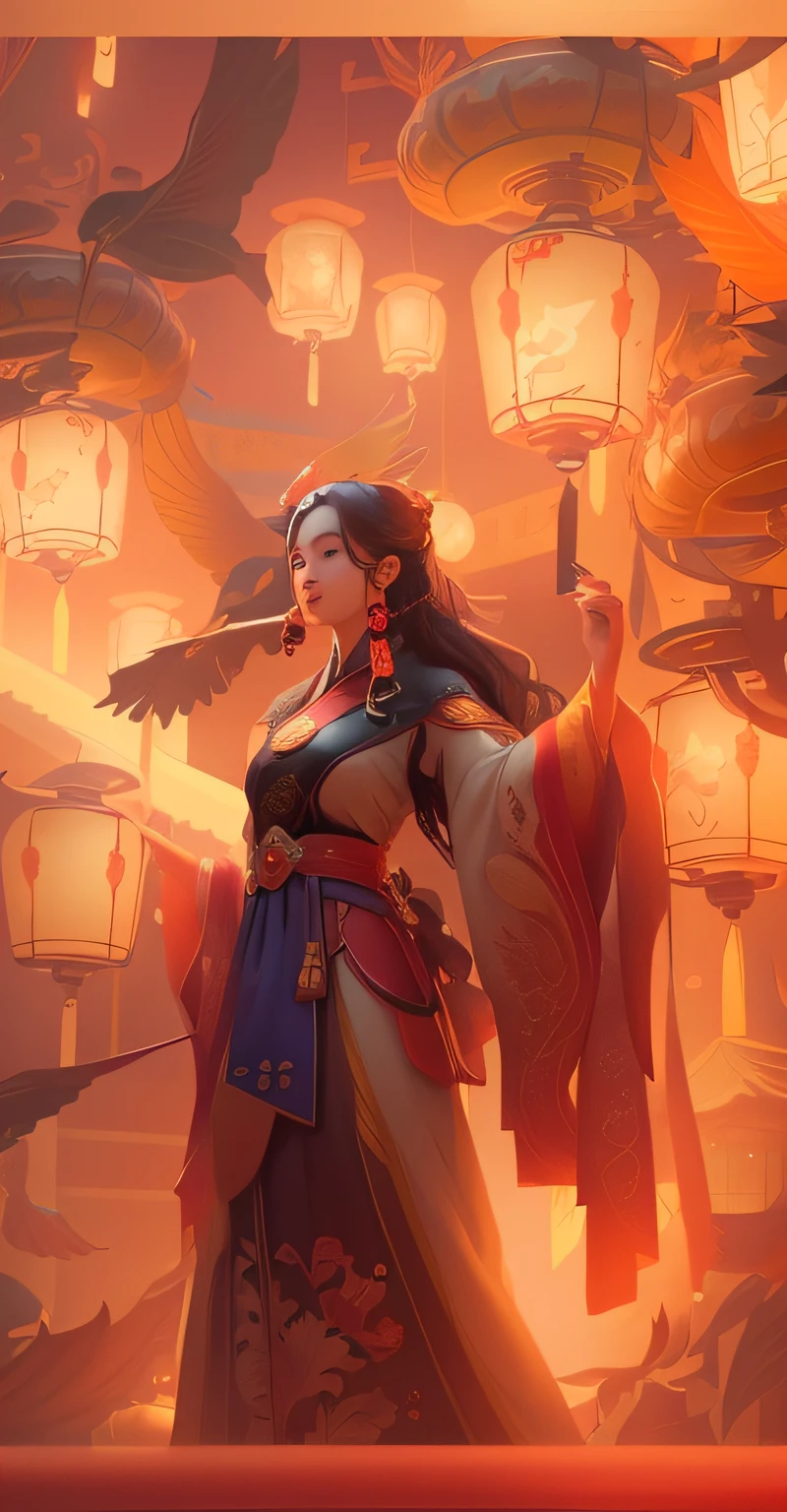 There was a woman standing in front of a pile of lanterns, Palace ， A girl in Hanfu, by Yang J, Rosla global lighting, A beautiful artwork illustration, Beautiful character painting, Guviz-style artwork, By Li Song, Beautiful digital illustration, Artgerm and Atey Ghailan, Beautiful digital artwork