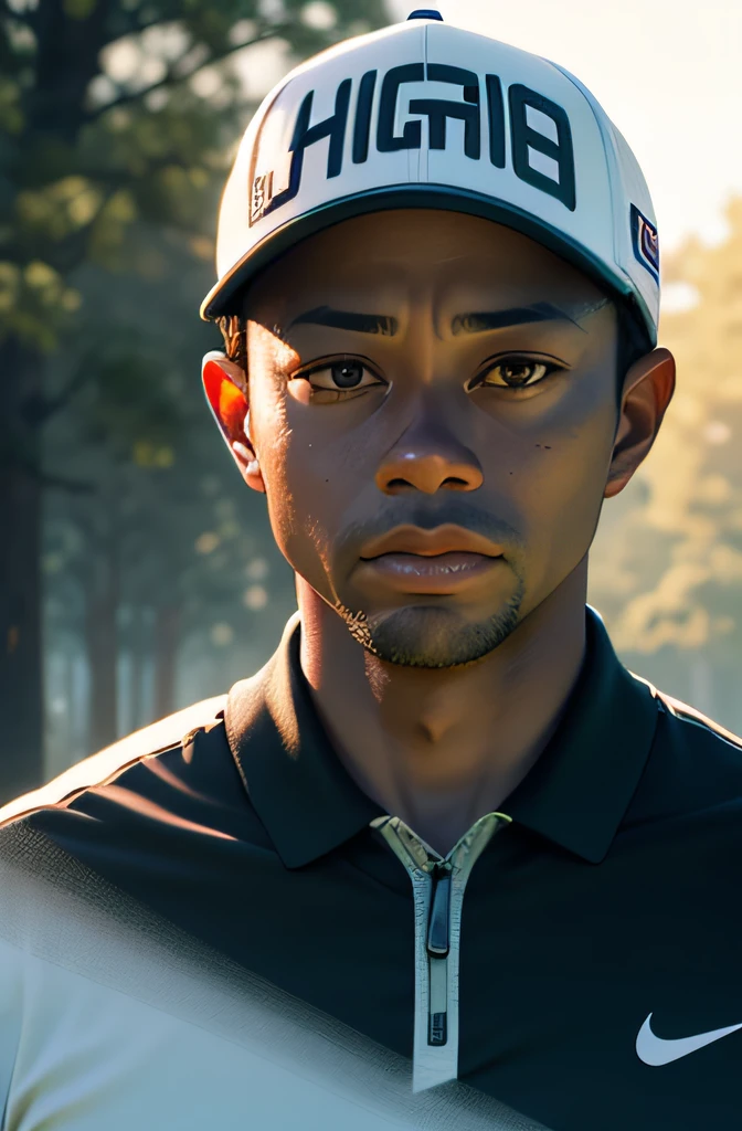 Tiger Woods, Corps entier, Golf, Look into the camera, specular lighting, Volumetric light of the face
