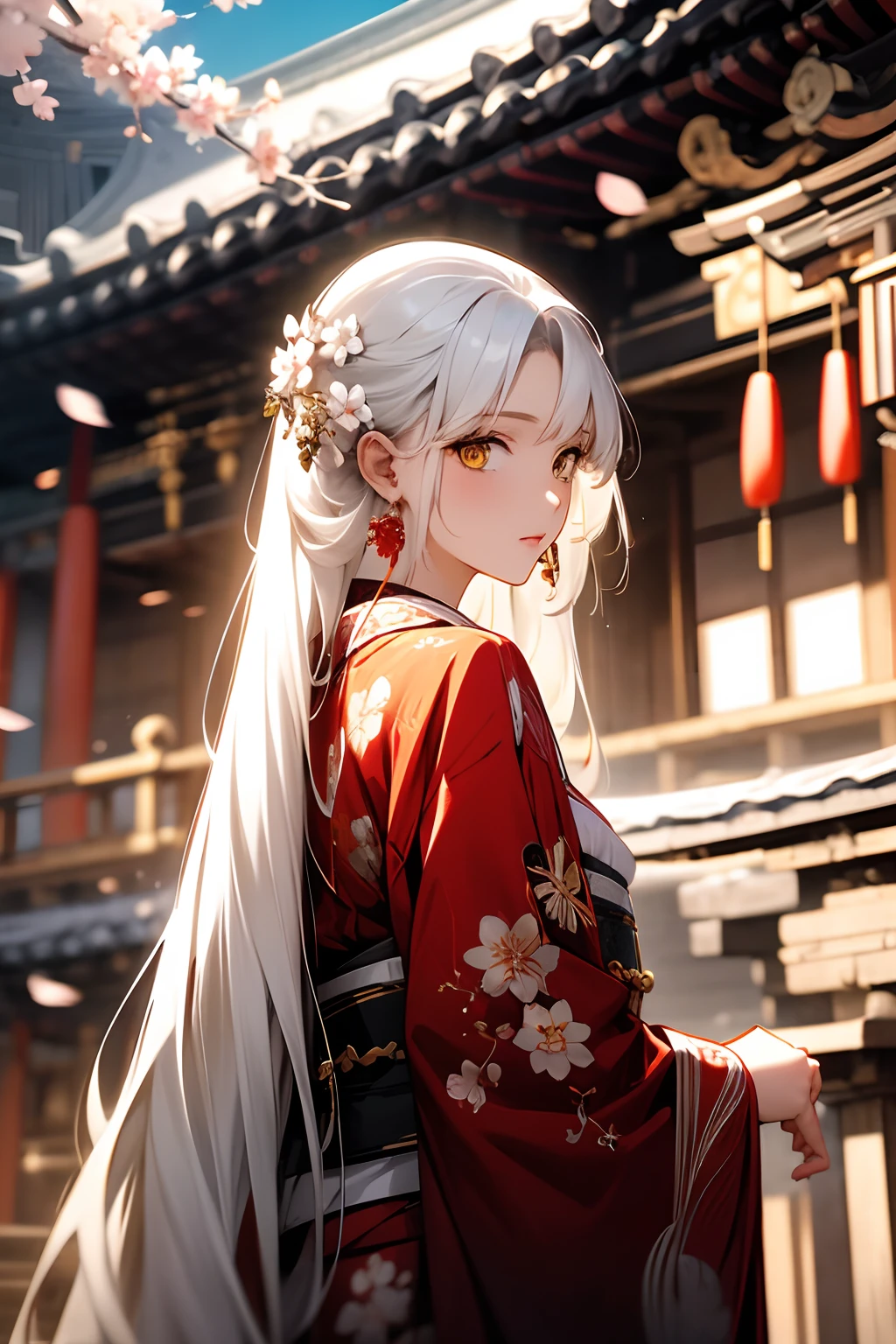 masterpiece, best quality, 1girl, yellow eyes, long hair, white hair, tree, stairs, standing, kimono, sky, cherry blossoms, temple, looking at viewer, upper body, from below, looking back,