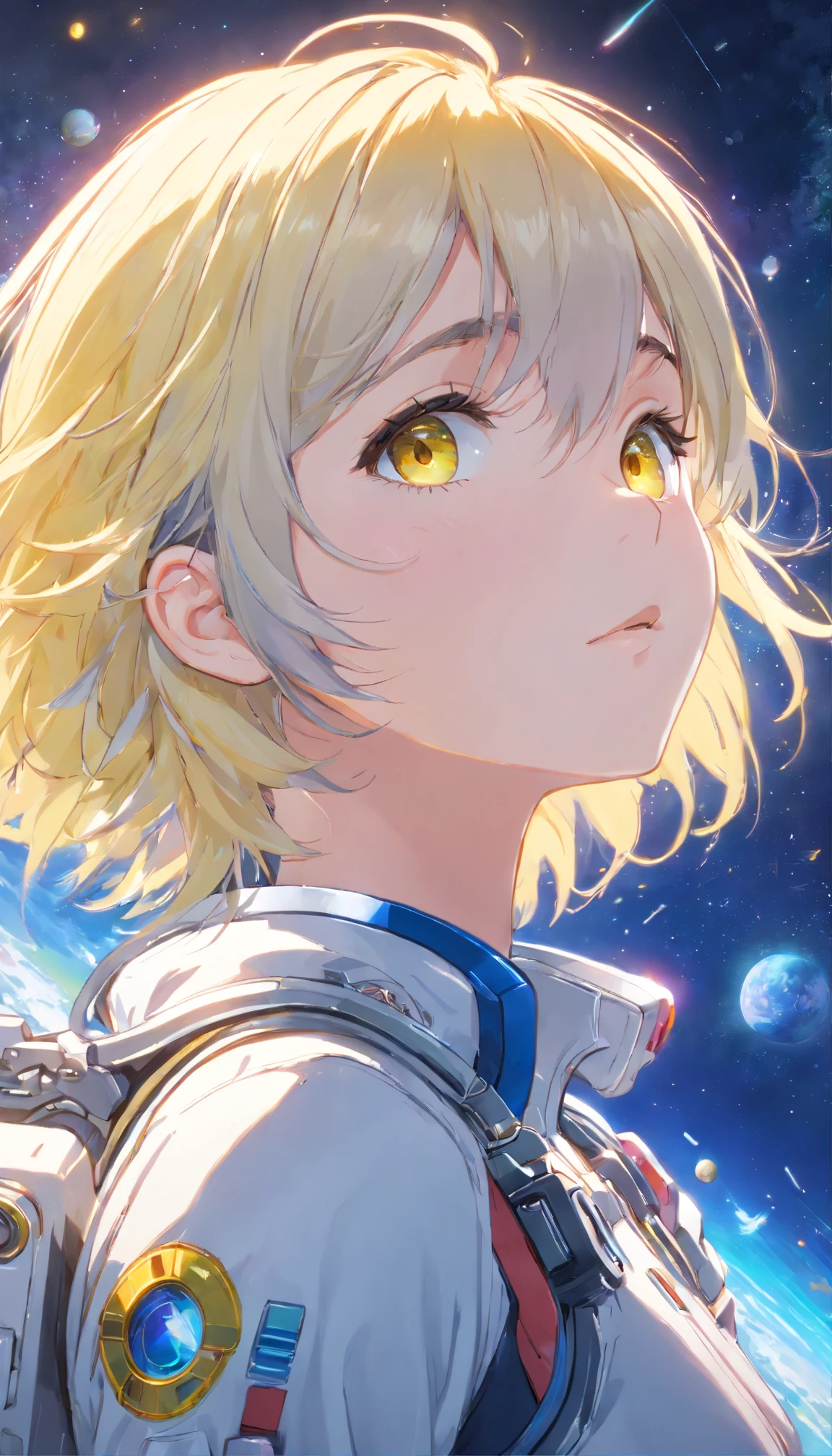 (A higher-quality masterpiece in close-up:1.5)0.9], (Espace et astronaute:1.2) (messy silver hair:1.1) (yellow eyes with heterochromia and blue eyes:1.2) (Casque spatial:1.0) (Colorful stars in the eyes:1.0) (radiant light:1.1) (big lips:0.9)