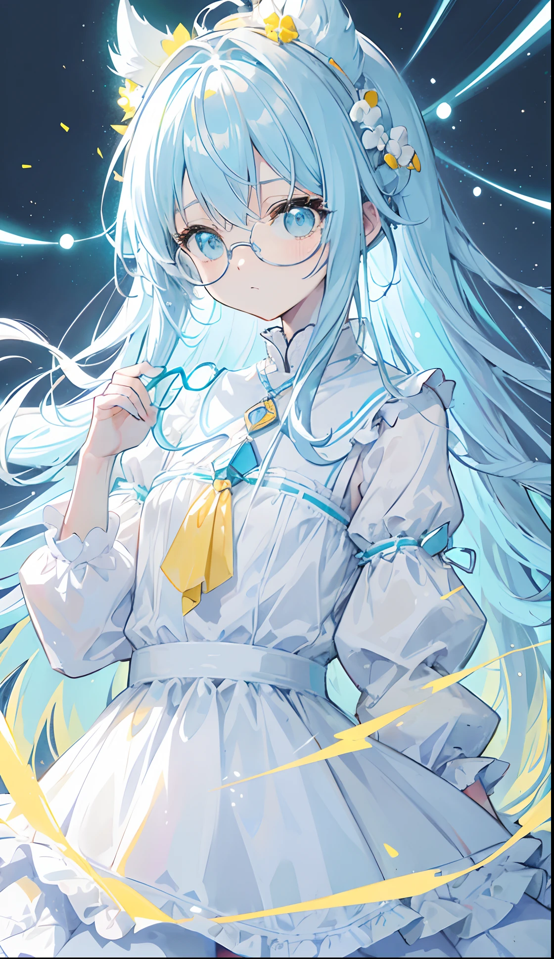 Long light blue hair,White glasses,Various light blue with light yellow princess dresses look a little intellectual and cute, Poor and simple yellowish pigtail,Glowing,black-frame glasses,Various light yellowish white with light golden yellow dresses look a little cute,The eyes are a brilliant golden yellow,Fluorescent,Poor milk and simple,There is fluorescence on the whole