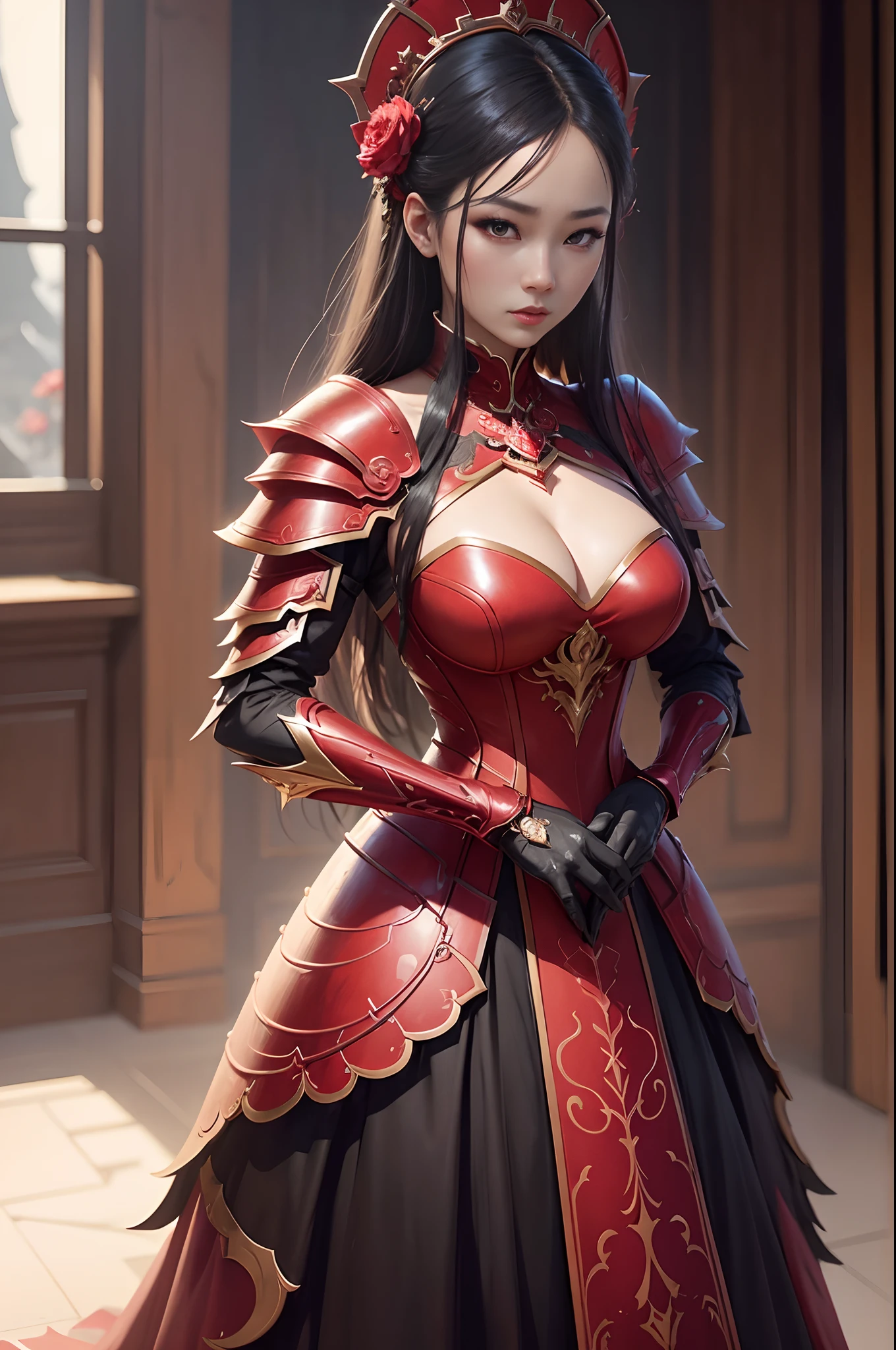 Close-up of woman in red and black dress、Chengwei Pan at Art Station、By Jan J.、detailed fantasy art、Stunning character art、Fan Art Best Art Station、epic exquisite character art、Beautiful armor、extremely detailed art germ、Detailed Digital Anime Art、Art Germ at Art Station pixiv、Armored Lady