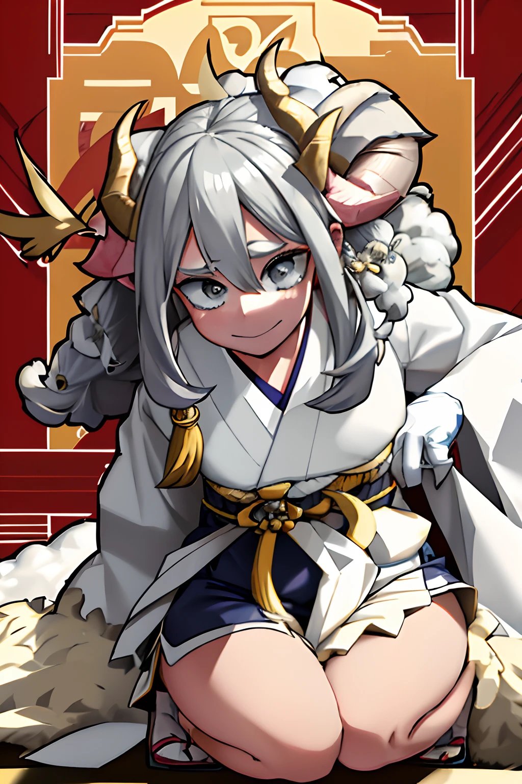 Crisp Contours、Detailed sagging eyes、Ochako、((Detailed face)),masterpiece,top-quality,(1 person) ,((light eyebrow:1.3))、Smile、((full body Esbian)), Girl with sheep motif、((Big sheep horns:1.3))、Silvery flabby eyes beautiful in every detail,((Gray round eyes)),((Fluffy long cream hair))、personification、Round ish face、loli big boobs、my hero akademia、((Wearing a white kimono)),((gloves)),((Stylish style)),((Hakama-shaped shorts:1.3)),Japanese pattern at hem、full body Esbian, With people as the main point of view、extra detailed body, girl with, femele, femele, Has a small, length hair, Wavy cream hair, Hair with parted bangs, Hair pulled back, Eyes with beautiful jewel-like details, Girl like a sheep, large full breasts, thighs thighs thighs thighs, grey eyes, de pele branca,