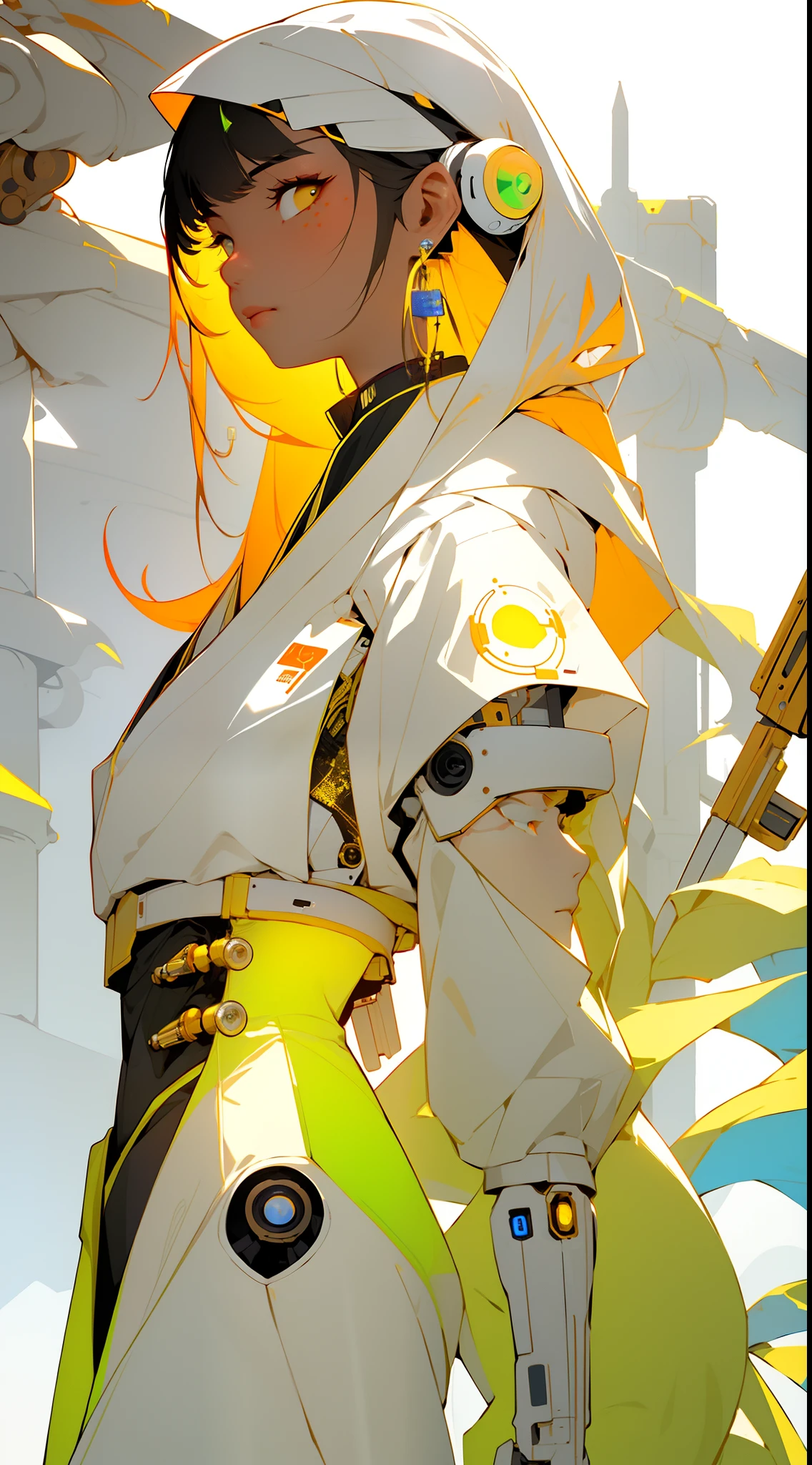 (Masterpiece, Top Quality, Best Quality), ((Cyberpunk Style, Robotic Arm, Hololo, Surreal Science Fiction Art, Future Science Fiction Aesthetics)), (1 Girl Solo), Close Up, (Resolute Eyes), (Ancient Chinese Clothes, White Robe, Embroidered Collar Uesugi, White Big Sleeve Shirt, Streamers), (Hairpin, Long Black Hair, Weapons), (Hanfu), (Clear Facial Features, Detailed Skin Texture, Beautiful Face), White Background, Earrings, Yellow Skin, Standing, (((flat color))),