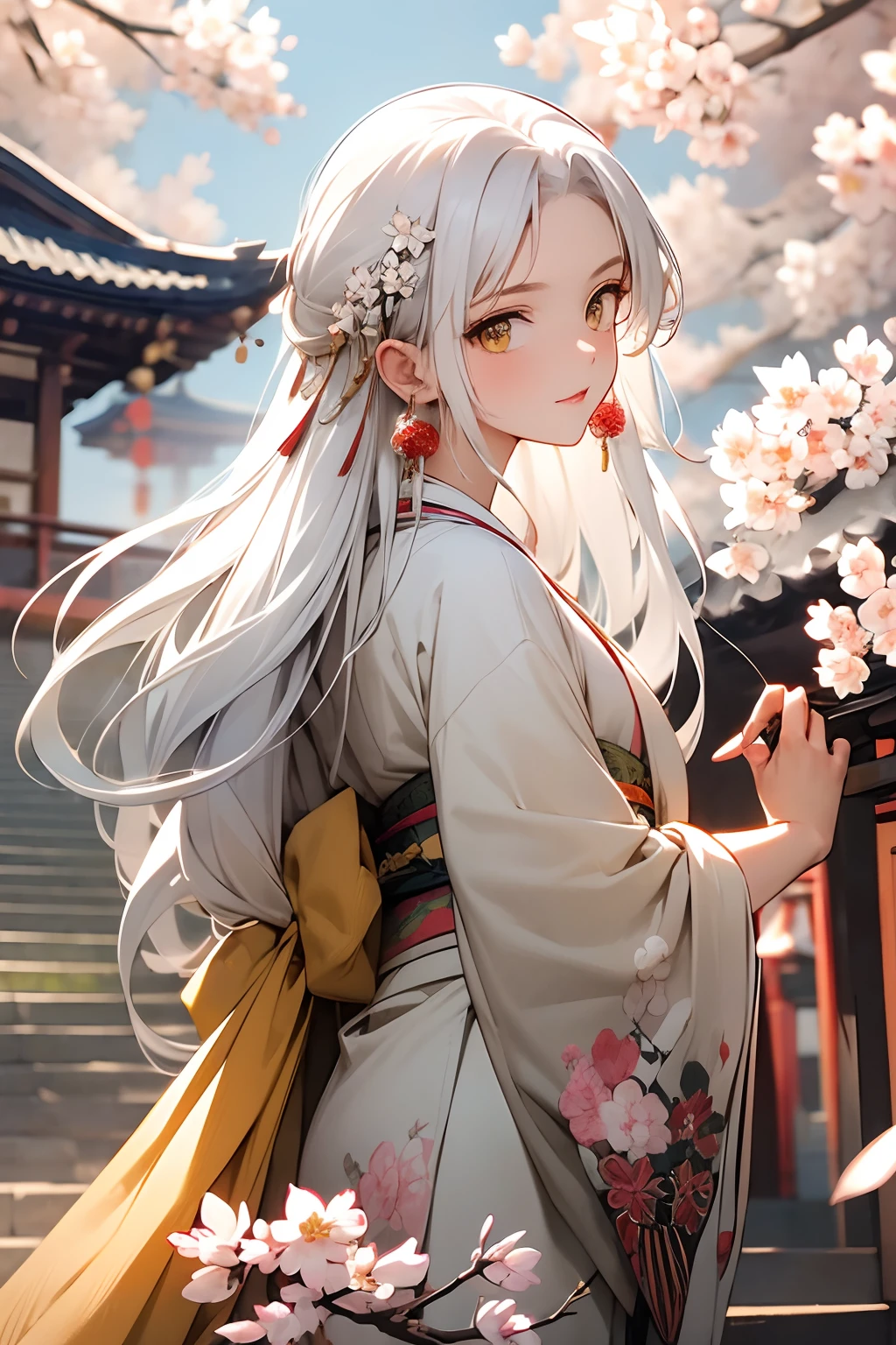 masterpiece, best quality, 1girl, yellow eyes, long hair, white hair, tree, stairs, standing, kimono, sky, cherry blossoms, temple, looking at viewer, upper body, from below, looking back,