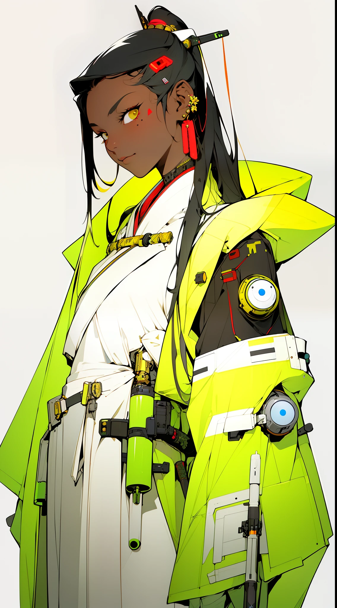 (Masterpiece, Top Quality, Best Quality), ((Cyberpunk Style, Robotic Arm, Hololo, Surreal Science Fiction Art, Future Science Fiction Aesthetics)), (1 Girl Solo), Close Up, (Resolute Eyes), (Ancient Chinese Clothes, White Robe, Embroidered Collar Uesugi, White Big Sleeve Shirt, Streamers), (Hairpin, Long Black Hair, Weapons), (Hanfu), (Clear Facial Features, Detailed Skin Texture, Beautiful Face), White Background, Earrings, Yellow Skin, Standing, (((flat color))),
