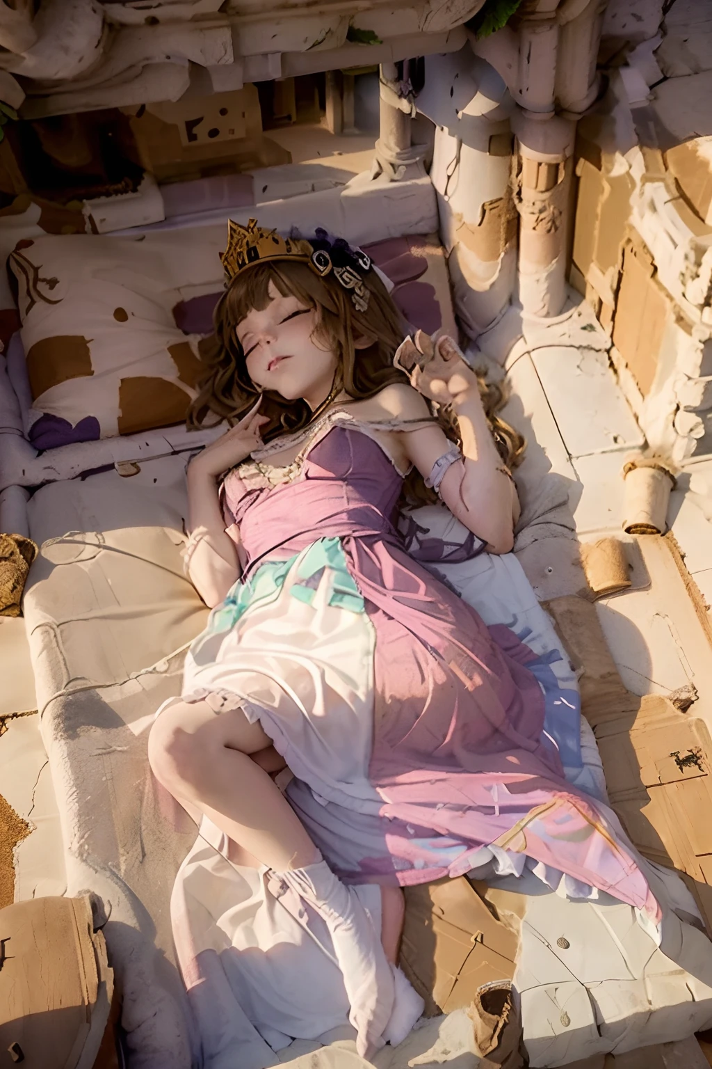 Beautiful young princess sleeping on the floor of a newly refurbished but abandoned castle on All Hallows Eve