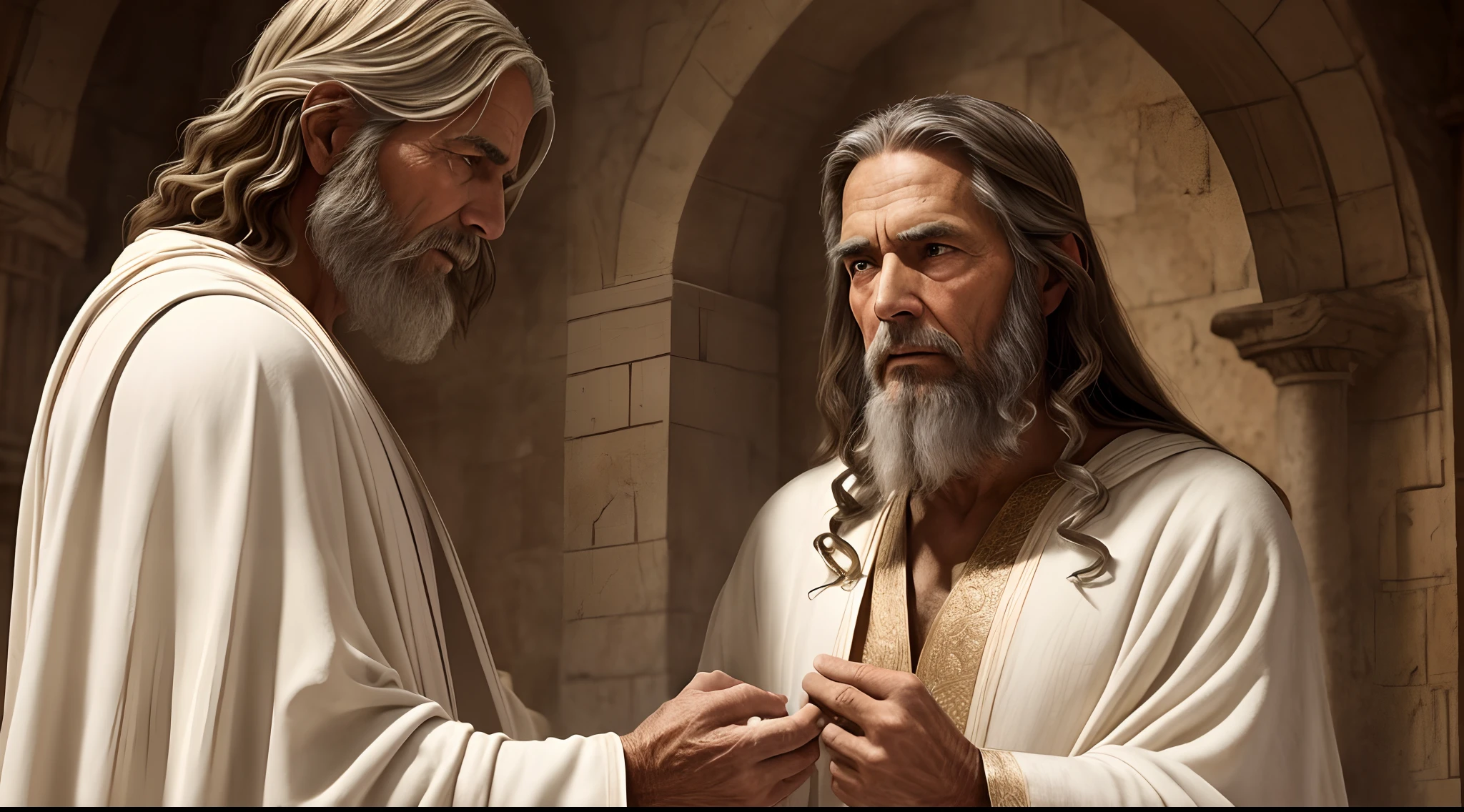 There is an old biblical elder wearing a beige robe., batizando jesus cristo com trinta anos de idade, Perfect face wearing a white tunic, Detailed biblical image. Detailed and epic image from the biblical film,
