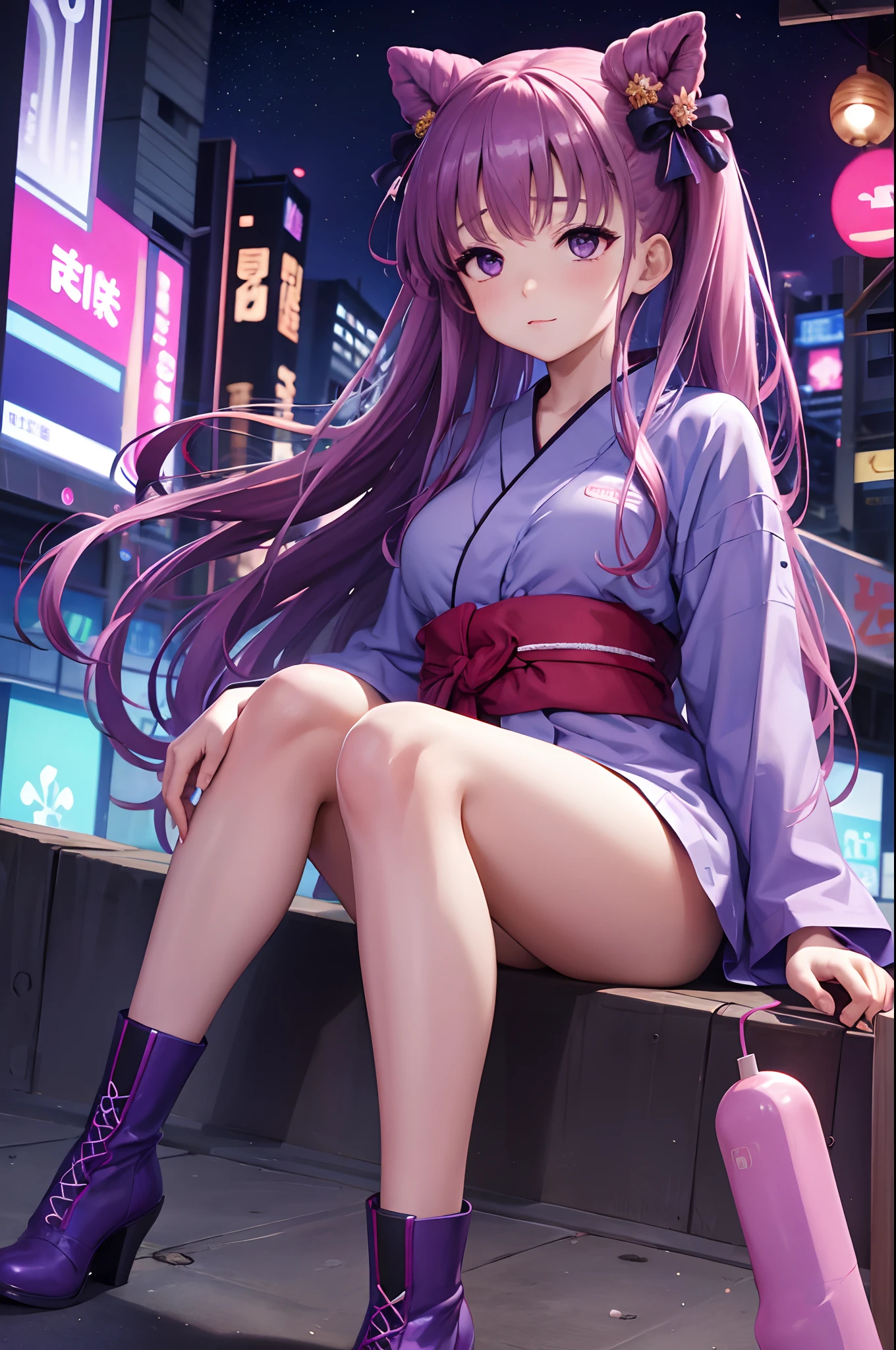 nodokaharamura, Nodoka Haramura, Eyes are purple,purple color  hair、Hair color is purple,Long hair,Bun Ponytail,masutepiece, Best Quality, pixiv,Cool Girl,blacklight,bluntbangs,portraitures, Yellow neon, ornament, parka,doodle, murky, natta, radiant eyes,bathrobe,Fluorescent boots,Yukata and boots,wearing boots,Wearing a fair hair and blue yukata costume,sockes, from the rear,Squat position,cowboy  shot,purple color  hair,Miraculous body lines,She has a wistful expression on her face.,BREAK looking at viewer, Break indoors, BREAK (masutepiece:1.2), Best Quality, High resolution, Unity 8k壁纸,Summer night seaside background with fireworks going up,Hands folded behind the waist,Stare at me in a slouched position,extremely details CG, (Perfect hands, Perfect Anatomy)