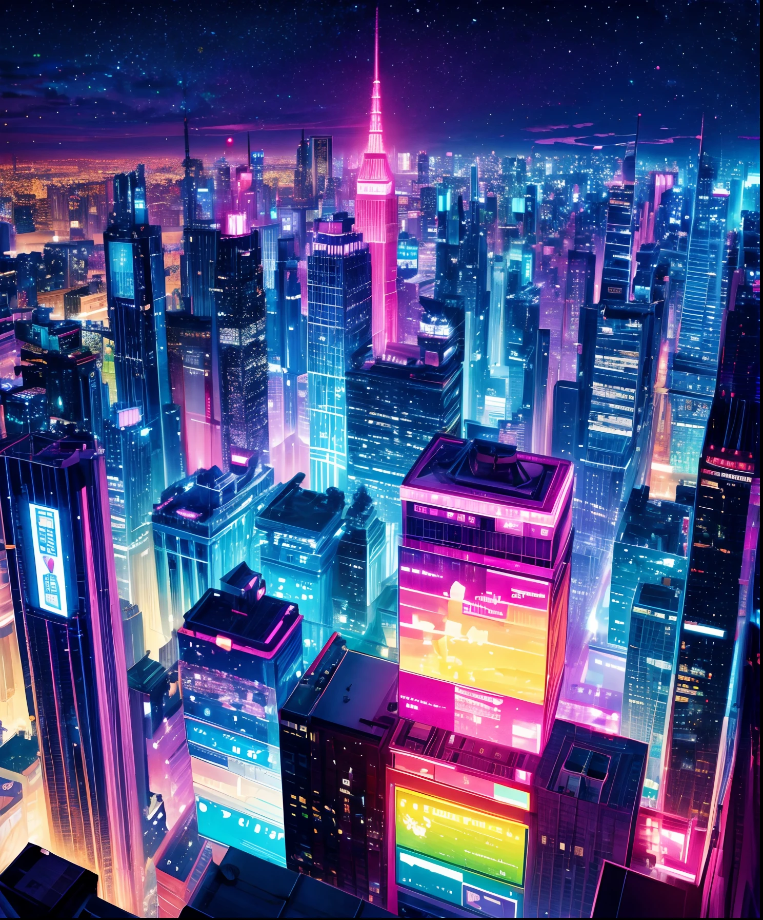 Sheet music playback、Colorful sheet music is played、Cute girl characters、 Night view from a high place、Drawing a large number of skyscrapers, Looking up at the starry sky. Surround her with colorful nebulae and colorful metropolis.