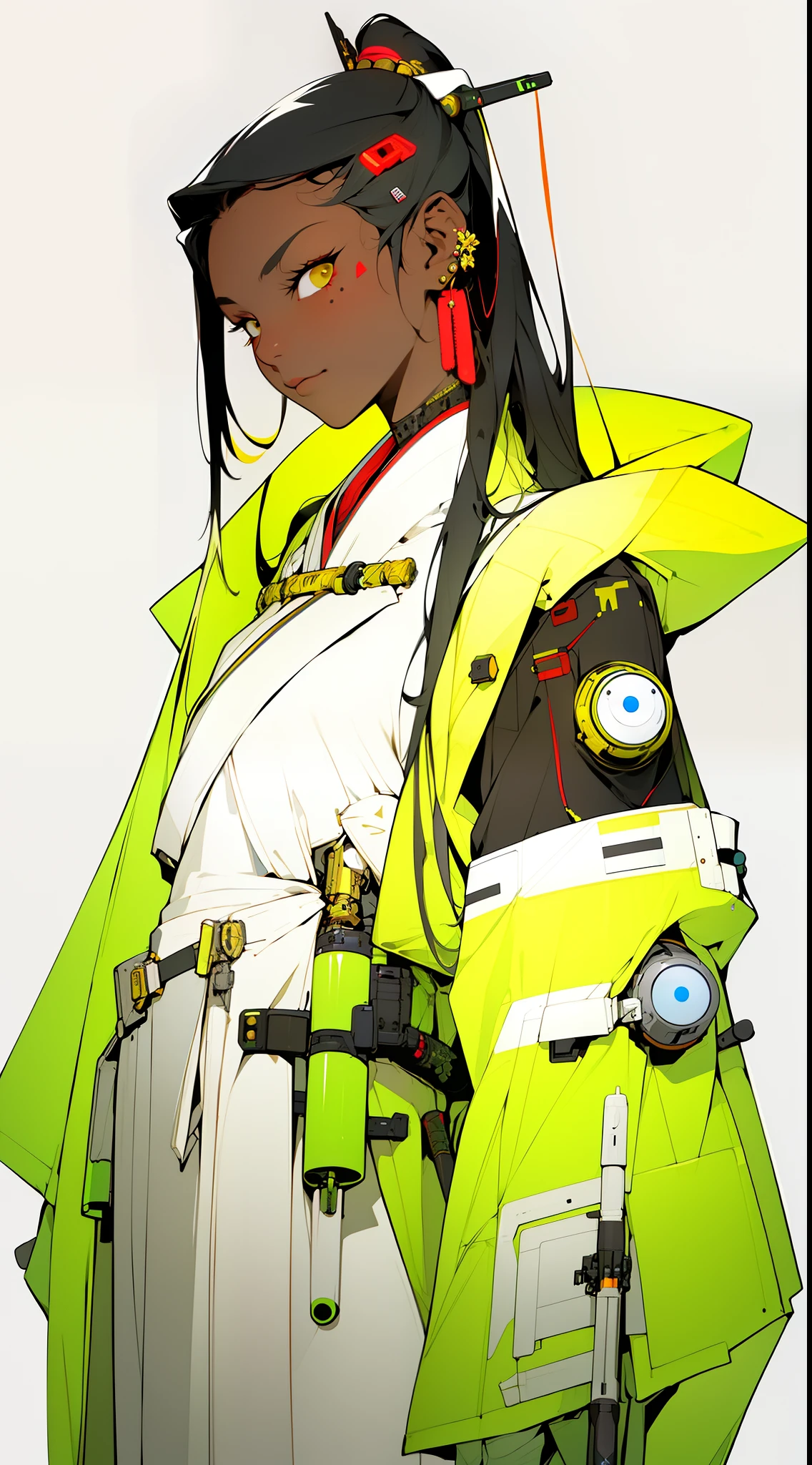 (Masterpiece, Top Quality, Best Quality), ((Cyberpunk Style, Robotic Arm, Hololo, Surreal Science Fiction Art, Future Science Fiction Aesthetics)), (1 Girl Solo), Close Up, (Resolute Eyes), (Ancient Chinese Clothes, White Robe, Embroidered Collar Uesugi, White Big Sleeve Shirt, Streamers), (Hairpin, Long Black Hair, Weapons), (Hanfu), (Clear Facial Features, Detailed Skin Texture, Beautiful Face), White Background, Earrings, Yellow Skin, Standing, (((flat color))),