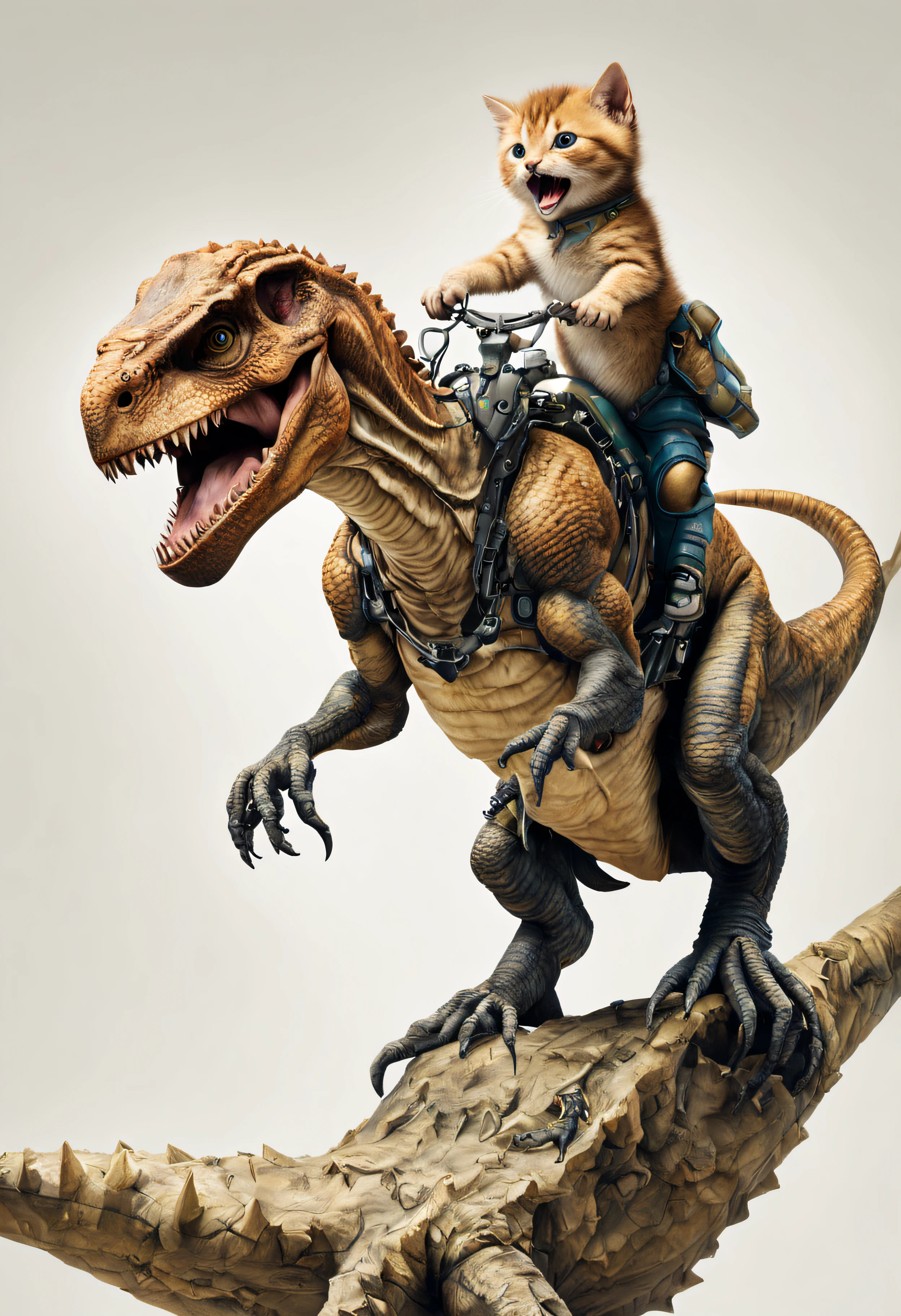 A kitten rides on a Tyrannosaurus rex,at centre,White background