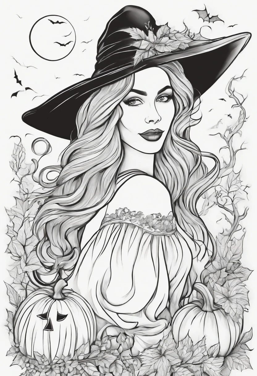 Line drawing,color no,Coloring book for kids,White background,Clear black lines isolated on white background，Halloween，the witch、Witch