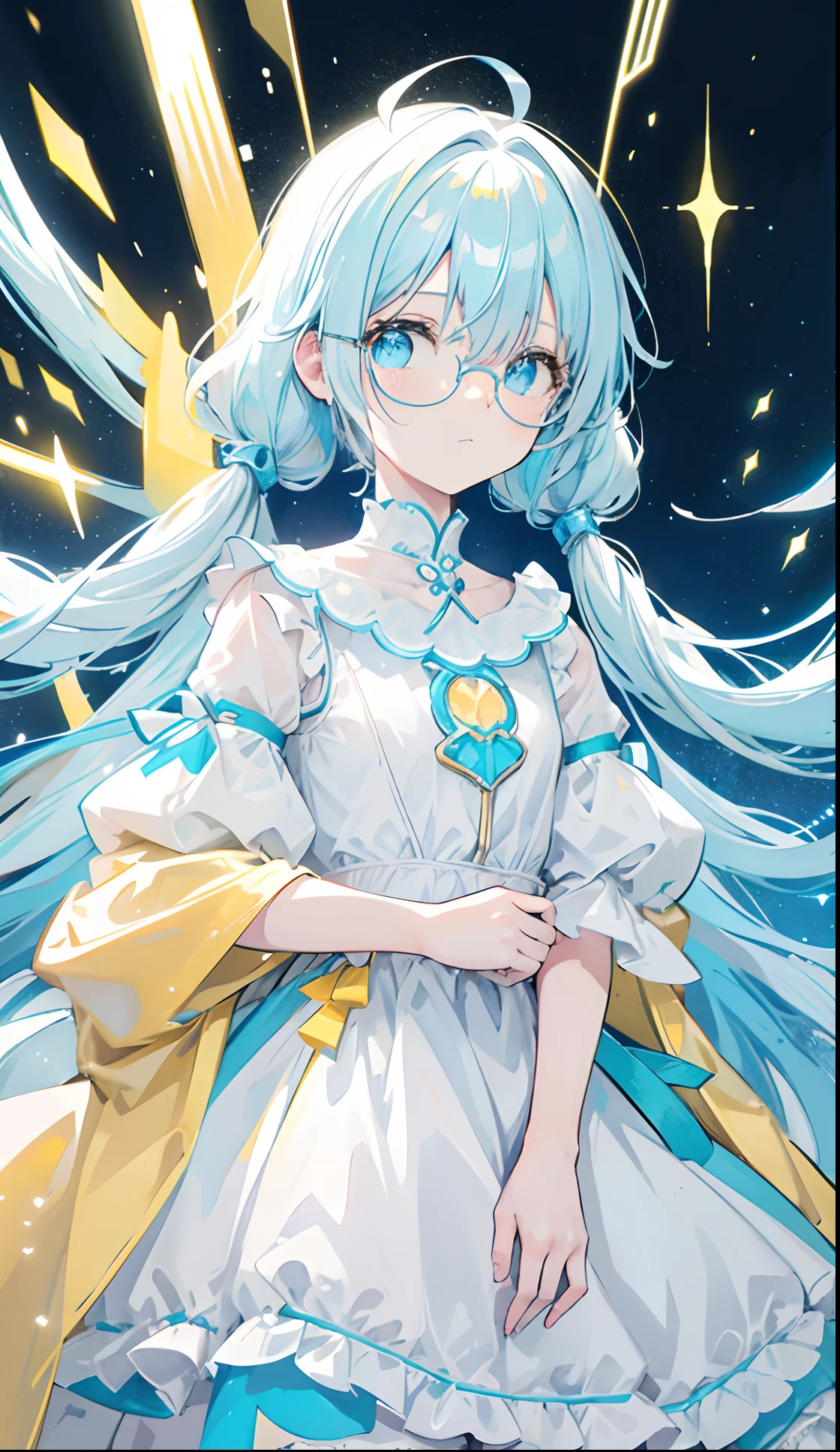 Long light blue hair,White glasses,Various light blue with light yellow princess dresses look a little intellectual and cute, Poor and simple yellowish pigtail,Glowing,black-frame glasses,Various light yellowish white with light golden yellow dresses look a little cute,The eyes are a brilliant golden yellow,Fluorescent,Poor milk and simple,There is fluorescence on the whole