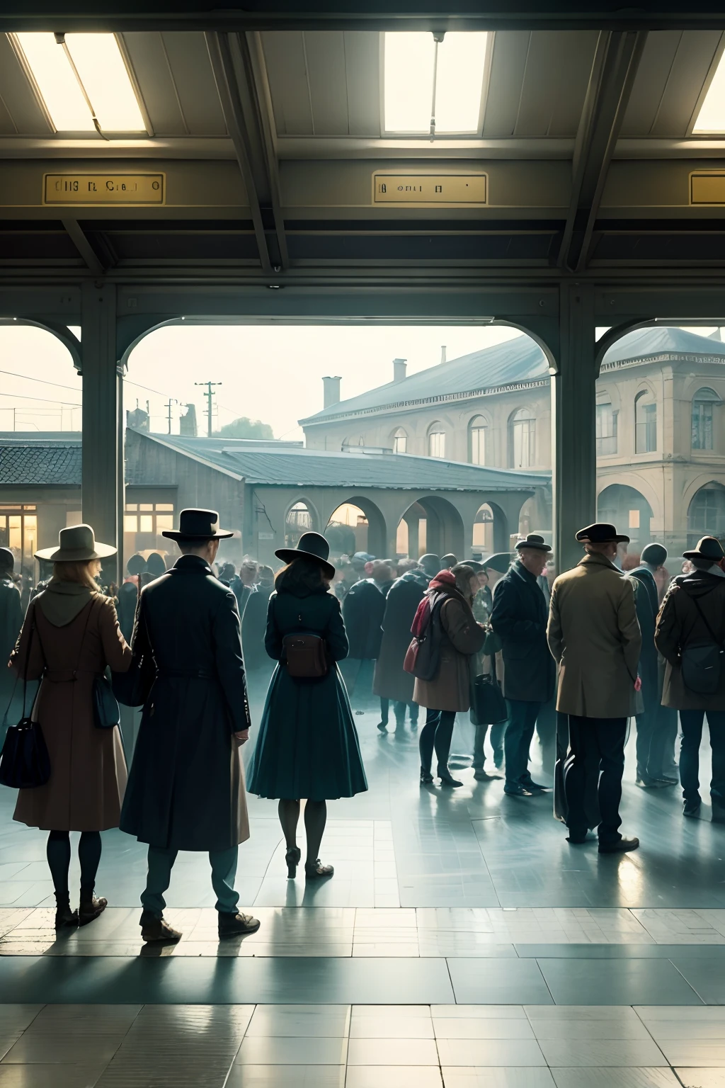 train station morning with lots people Vincent van Gogh style