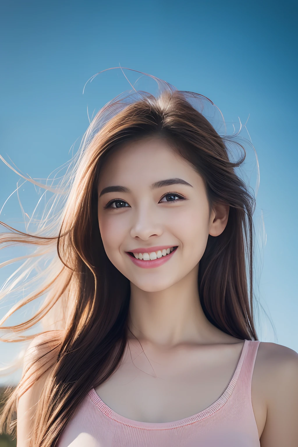 (8k, Best Quality, Masterpiece:1.2), (Realistic, Photorealistic:1.37), Ultra Detail, 1 Girl,Cute,Solo,Beautiful Detailed Sky,Date,(Blush),(Smile:1.15),(Closed Mouth)Small Breasts,Beautiful Detailed Eyes,(Long Hair: 1.2),Floating Hair NovaFrogStyle, Upper Body, Tank Top