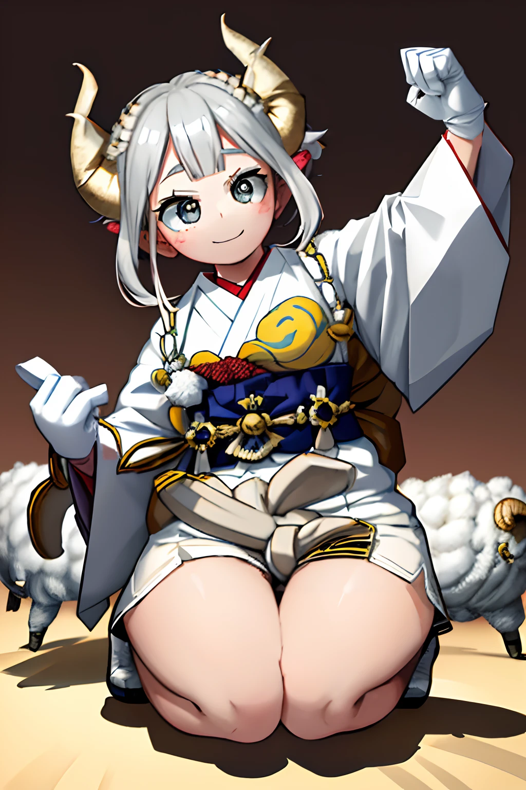 Crisp Contours、Detailed sagging eyes、Ochako、((Detailed face)),masterpiece,top-quality,(1 person) ,((light eyebrow:1.3))、Smile、((full body Esbian)), Girl with sheep motif、((Big sheep horns:1.3))、Silvery flabby eyes beautiful in every detail,((Gray round eyes)),((Fluffy long cream hair))、personification、Round ish face、loli big boobs、my hero akademia、((Wearing a white kimono)),((gloves)),((Stylish style)),((Hakama-shaped shorts:1.3)),・Japanese pattern at hem、full body Esbian, With people as the main point of view、extra detailed body, girl with, femele, femele, Has a small, length hair, Wavy cream hair, Hair with parted bangs, Hair pulled back, Eyes with beautiful jewel-like details, Girl like a sheep, large full breasts, thighs thighs thighs thighs, grey eyes, de pele branca,