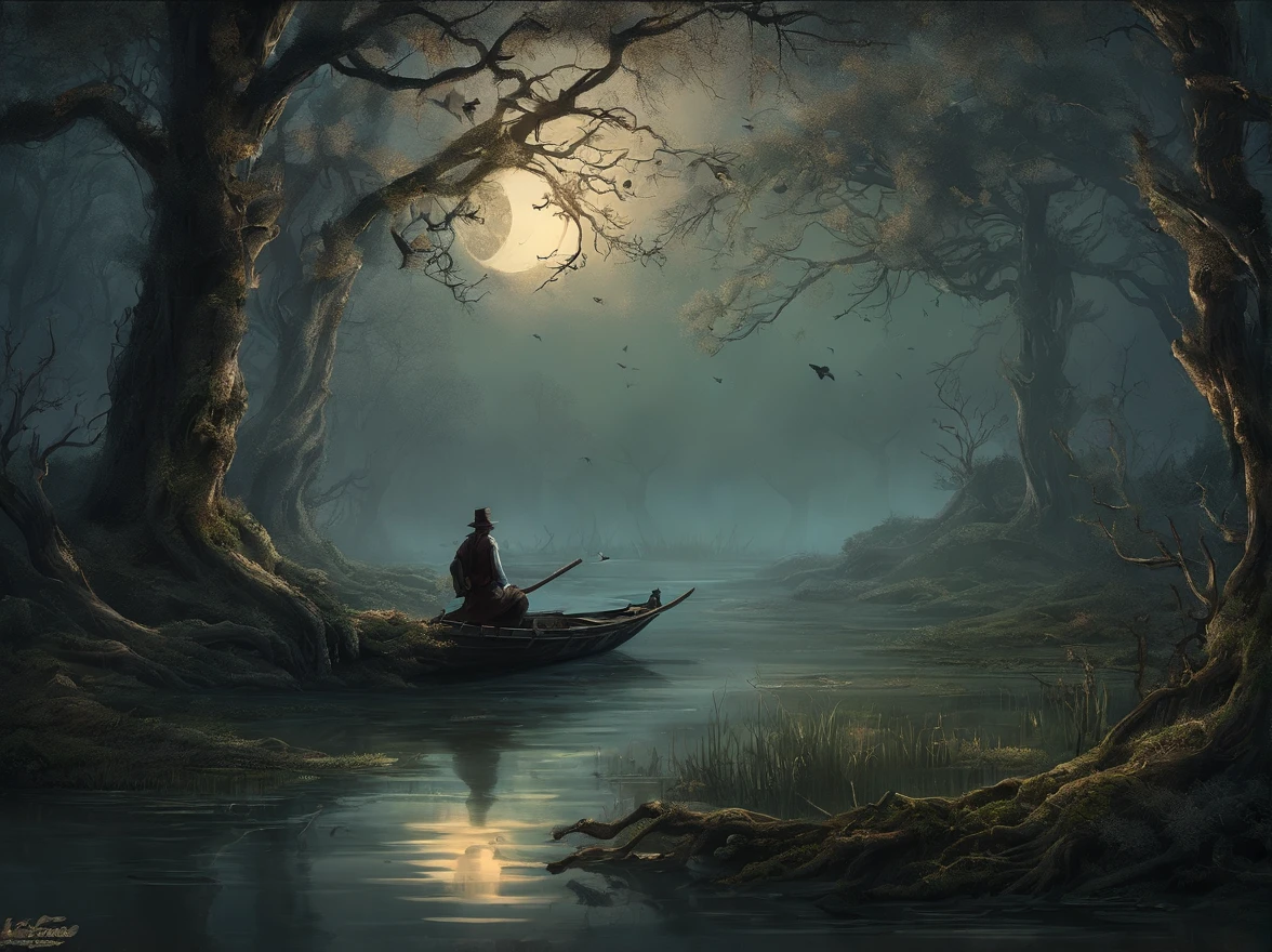 No leaves and ugly trees，Many dry branches are realistic，3D，4k，8k，cinematic ligh，terroral，panicking，terroral，sinister. The scene is captured in a beautiful digital art style. The image quality is the best，The resolution is 4K。. It is very detailed and realistic, Equipped with professional studio lighting and vibrant colors. The overall tone is dull and impermanent, Create a sense of mystery. Moonlight is projected softly, An ethereal glow over the swamp, Light up the path of travelers. The traveler wears tattered clothes，holding a lantern, Add to the atmosphere. The traveler's face is detailed, His eyes were filled with awe and curiosity. They carefully walked through the swamp, Step on mossy rocks，Avoid dangerous swamps. The croaking of frogs and distant whispers filled the air。, Enhance the creepy atmosphere. The mist moves slowly through the swamp, Add unpredictable elements to your scene.