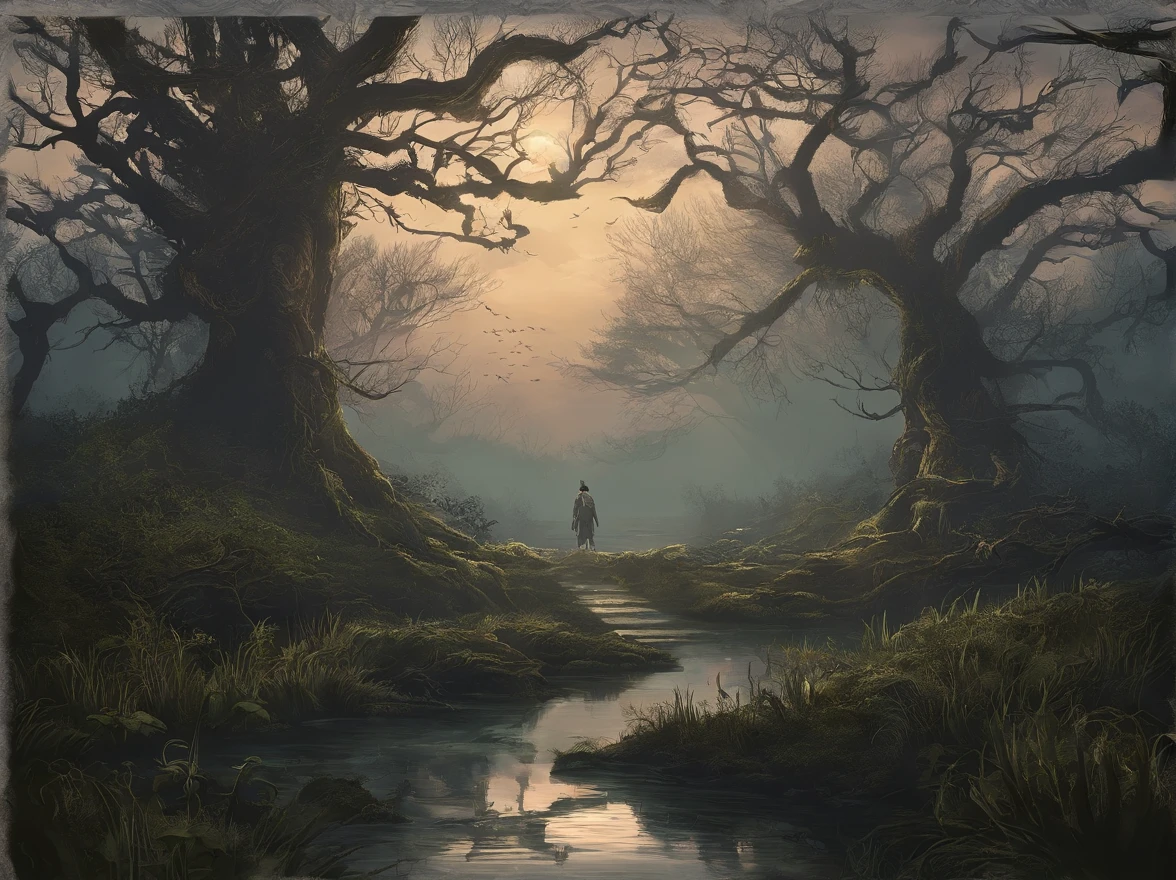 No leaves and ugly trees,Many dry branches are realistic,3D,4k,8k,cinematic ligh,terroral,panicking,terroral,sinister. The scene is captured in a beautiful digital art style. The image quality is the best,The resolution is 4K。. It is very detailed and realistic, Equipped with professional studio lighting and vibrant colors. The overall tone is dull and impermanent, Create a sense of mystery. Moonlight is projected softly, An ethereal glow over the swamp, Light up the path of travelers. The traveler wears tattered clothes,holding a lantern, Add to the atmosphere. The traveler's face is detailed, His eyes were filled with awe and curiosity. They carefully walked through the swamp, Step on mossy rocks,Avoid dangerous swamps. The croaking of frogs and distant whispers filled the air。, Enhance the creepy atmosphere. The mist moves slowly through the swamp, Add unpredictable elements to your scene.