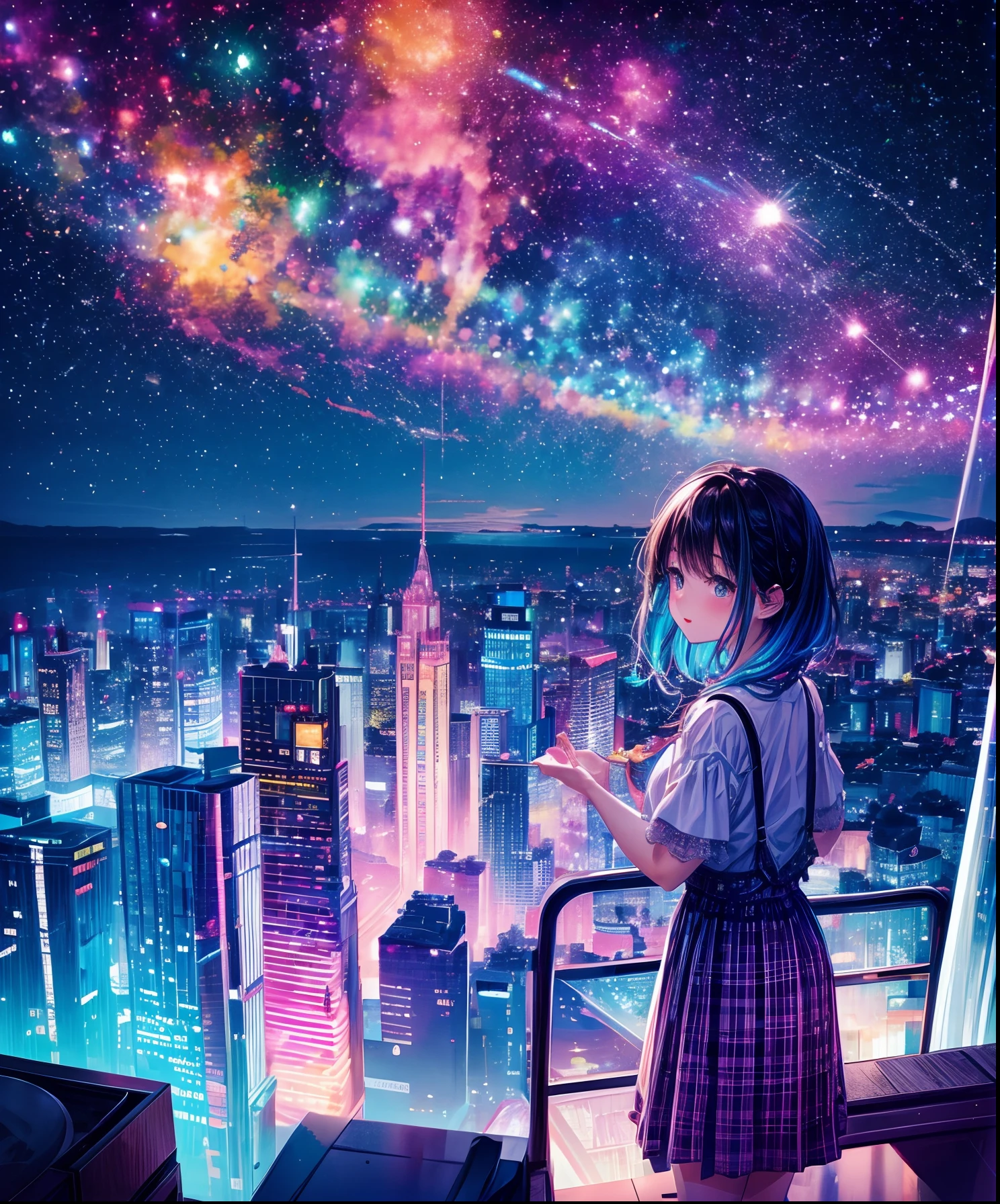 A girl standing on a ledge looking at the city at night - SeaArt AI
