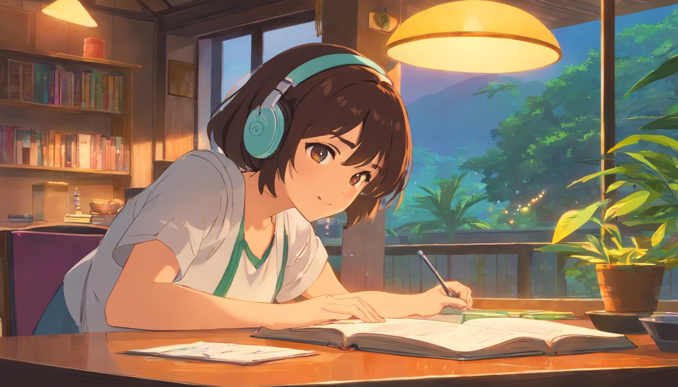 1woman, solo, sitting at a table with headphones, a book and a 1 cat, lofi girl, lofi art, lofi art style, lofi feel, lofi portrait, lofi colors, lofi, lo-fi art, lofi vibes, lofi vibe, lofi hip hop, satoshi kon artstyle, kerala onam style girl, lofi girl aesthetic