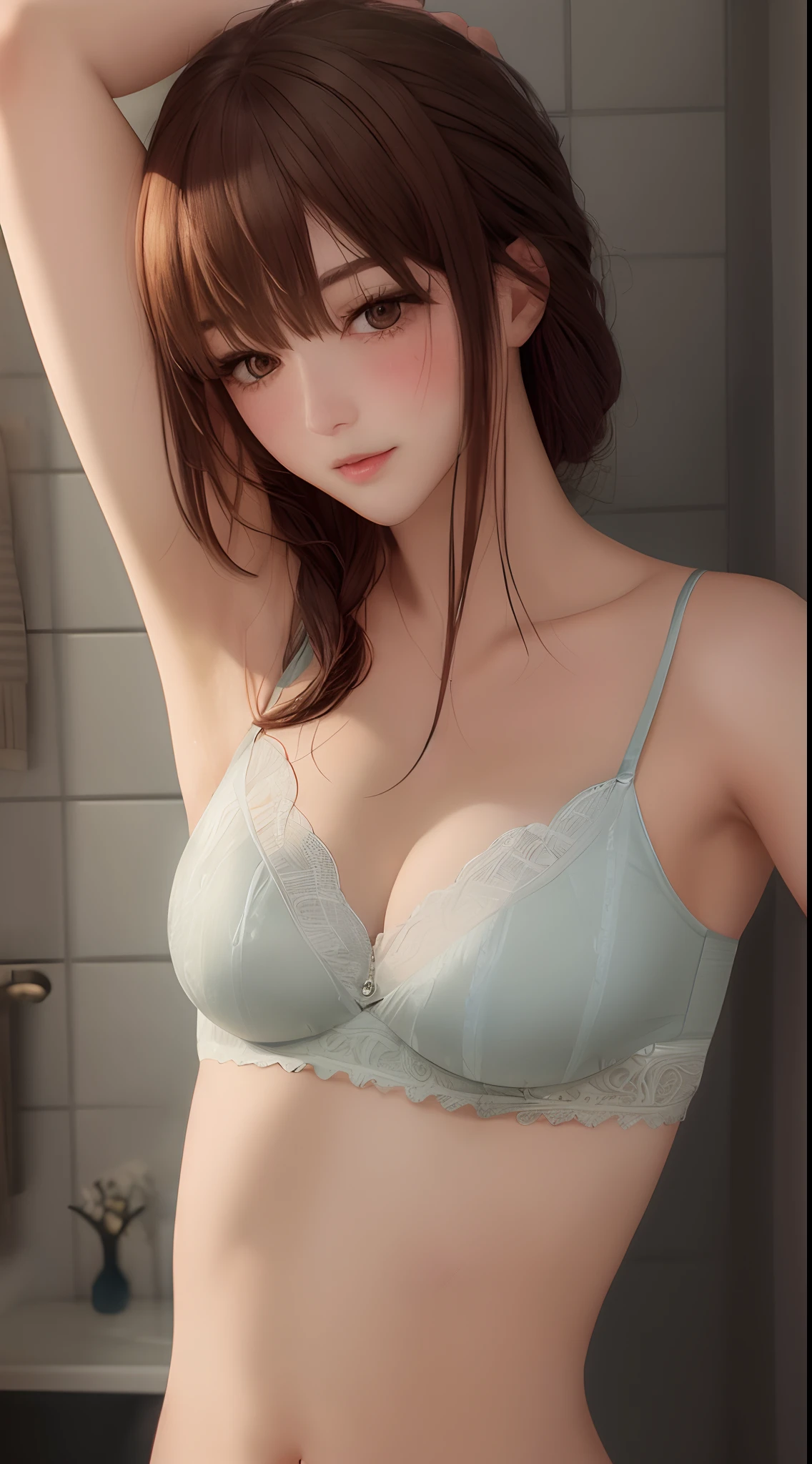 Highly detailed CG Unity 8k wallpaper, of the highest quality, super detailed, masutepiece, Realistic, photographrealistic, extremely detailed cute girl, 25 years old, Round eyes, viewer, blush, Parted lips, Upper body , (Armpit) , (get sweaty) , Camisole , bath room