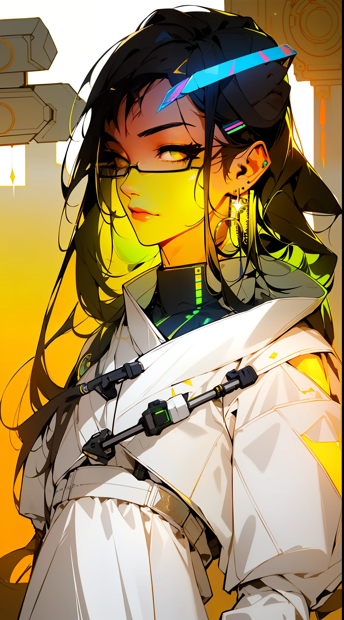 ((Cyberpunk style, robotic arm, holographic aura, surreal sci-fi art, futuristic sci-fi aesthetics)), (1 girl solo), close-up, (resolute eyes), (ancient Chinese clothes, white robe, embroidered collar Uesugi, white large-sleeved shirt, streamers), (hairpin, long black hair, weapons), (Hanfu), (clear facial features, detailed skin texture, beautiful face), white background, earrings, yellow skin, standing, (masterpiece, top quality, best quality), (((flat color))),