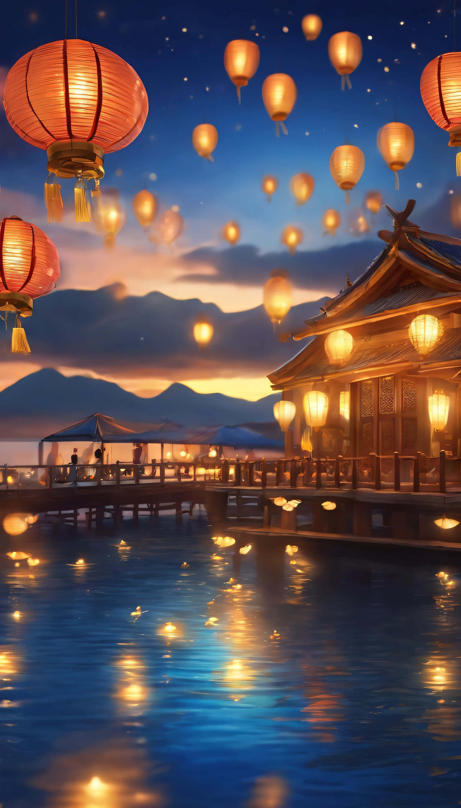 (best quality,4k,highres,masterpiece:1.2),ultra-detailed,realistic:1.37,paper lanterns,floating lanterns,breathtaking view,fish swimming,anime style,celebratory atmosphere,game promotional art,festive colors,vibrant illustration,dynamic waves,sparkling water,mesmerizing scene,ocean backdrop,cartoonish characters,joyous celebration,dazzling lights,festive decorations,playful animation,dreamlike ambiance,luminous lanterns,waves crashing,animated sea creatures,traditional lantern festival,captivating artwork,cheerful mood,anime-inspired,ethereal glow,colorful fish,variety of lantern designs,seaside setting,lively and joyful,anime-style characters,mesmerizing colors,whimsical decorations,animated movement,festivity in the air,seagulls flying,marvelous details,exquisite artistry,seawater reflection,carefully crafted scene,vivid and eye-catching,delightful ambiance.