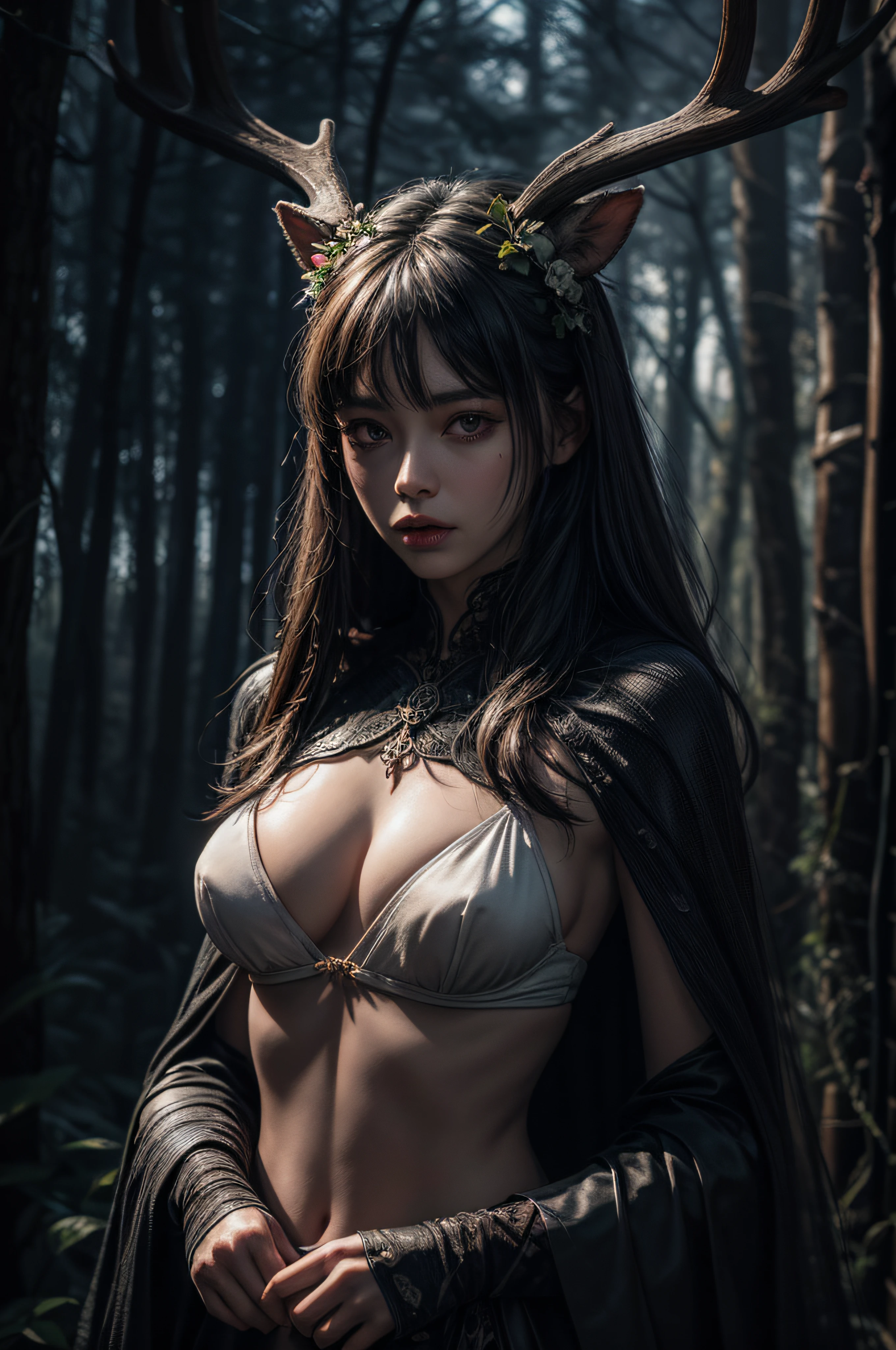 official arts, Unity 8k壁纸, Ultra Detailed, beautiful and aesthetic, Masterpiece, Best Quality, in the dark forest, Druid, with large deer antlers on the head, Sad and frightened look, entwined with branches with flowers, (The body is wrapped in black bandages), 8K high-quality detailed graphics, ((perfect anatomy)), stunning digital illustration, (Body symmetry: 1.2), Upper torso. Gray gloomy background, Dark Forest. Gloomy and hopeless, Dark dramatic lighting, vignette, Depth of field.