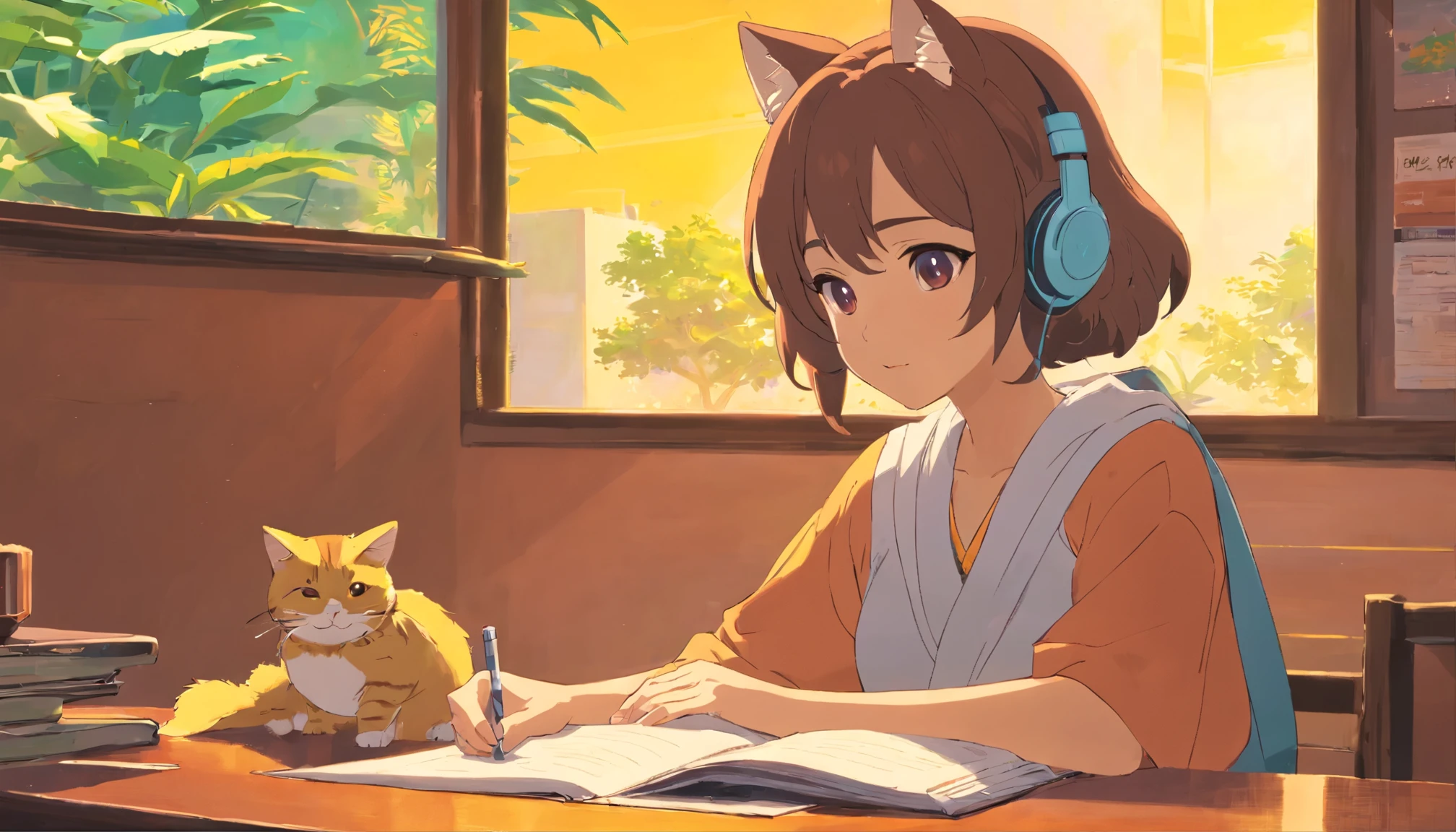 1woman, solo, sitting at a table with headphones, a book and a 1 cat, lofi girl, lofi art, lofi art style, lofi feel, lofi portrait, lofi colors, lofi, lo-fi art, lofi vibes, lofi vibe, lofi hip hop, satoshi kon artstyle, kerala onam style girl, lofi girl aesthetic