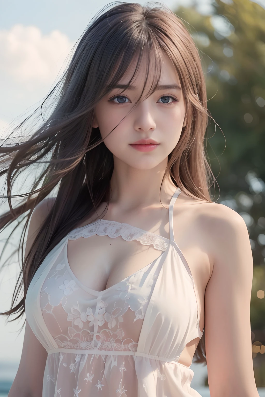 (8k, Best Quality, Masterpiece:1.2), (Realistic, Photorealistic:1.37), Ultra Detail, 1 Girl,Cute,Solo,Beautiful Detailed Sky,Date,(Blush),(Smile:1.15),(Closed Mouth)Small Breasts,Beautiful Detailed Eyes,(Long Hair: 1.2),Floating Hair NovaFrogStyle, Upper Body, Tank Top
