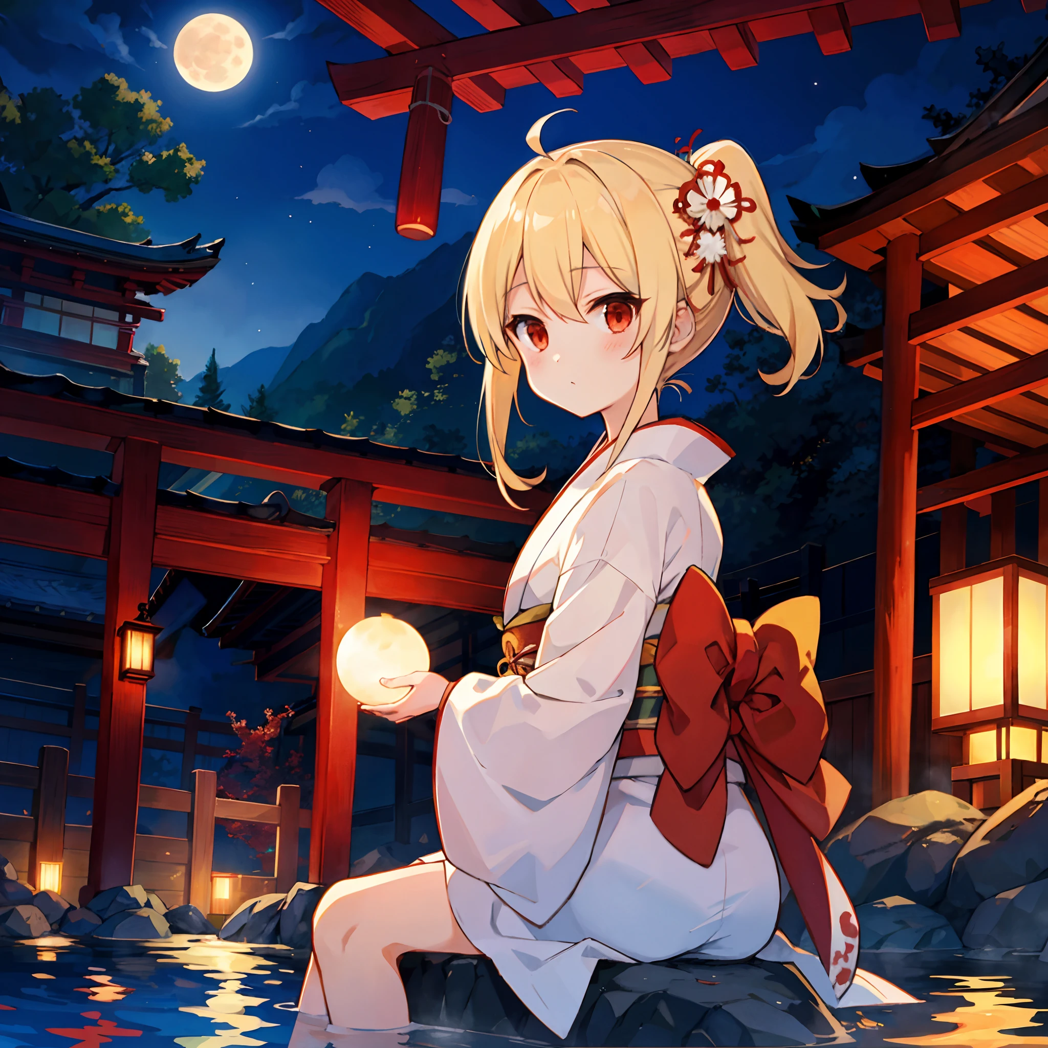 The blonde summed up、red eyes、One Beautiful Girl、Kimono、hot onsen、a moon、natta