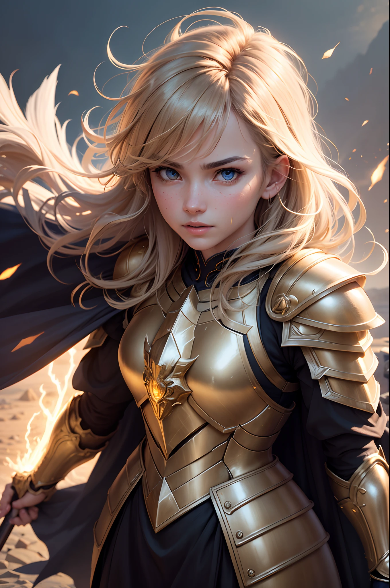 8k,ultra detailed, masterpiece, best quality, (extremely detailed), dynamic angle, Mysterious expression, wind effect, fantasy background, rim lighting, cinematic light, ultra high res, 8k uhd, film grain,best shadow, delicate, RAW, light particles, detailed skin texture, detailed armor texture, detailed face, intricate details, ultra detailed, bright, strong, golden armor, (holding hammer), smashing, smash action, pauldrons, glowing eyes, long cape, fantasy, (realistic), shoulder armor, complex, intricate, perfect lighting, looking at viewer, cinematic lighting, flying in sky,flying, holy light, vivid, bangs, windy