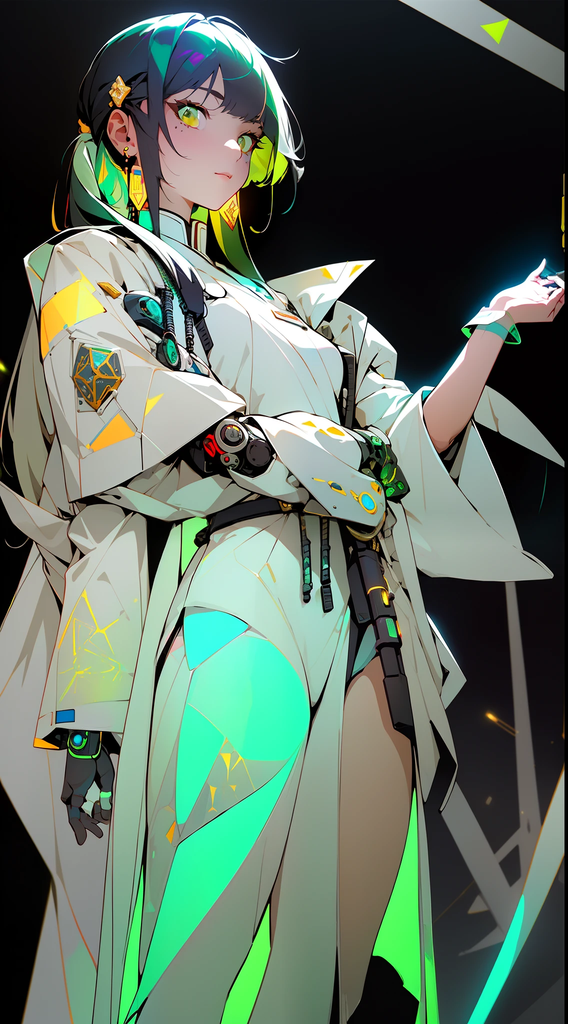 ((Cyberpunk style, robotic arm, holographic aura, surreal sci-fi art, futuristic sci-fi aesthetics)), (1 girl solo), close-up, (resolute eyes), (ancient Chinese clothes, white robe, embroidered collar Uesugi, white large-sleeved shirt, streamers), (hairpin, long black hair, weapons), (Hanfu), (clear facial features, detailed skin texture, beautiful face), white background, earrings, yellow skin, standing, (masterpiece, top quality, best quality), (((flat color))),