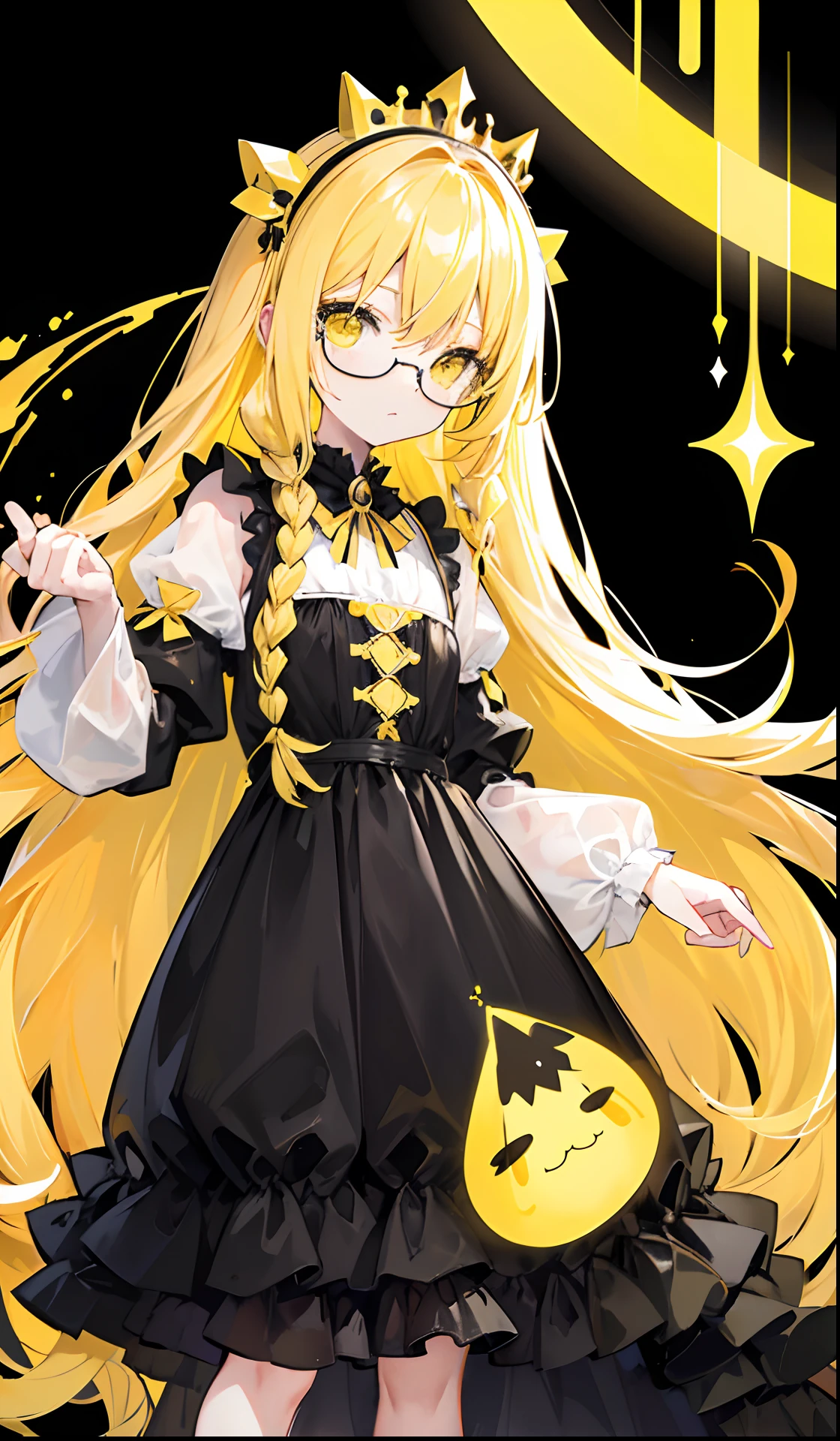 Long blonde hair,Black glasses,The various yellow and yellow princess puffy dresses look a little intellectual and cute, Poor and simple little yellow braid,Glowing,black-frame glasses,Various yellow and white dresses with light golden yellow look a little cute,The eyes are a brilliant golden yellow,Fluorescent,Poor milk and simple,There is fluorescence on the whole