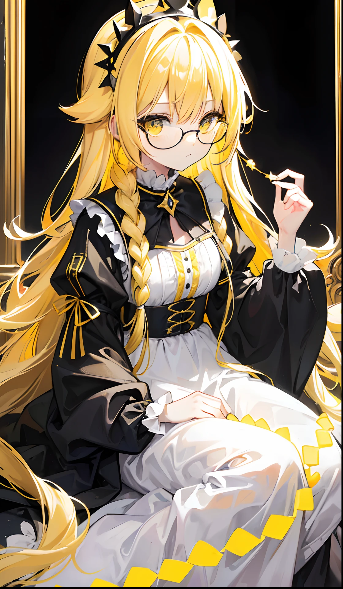 Long blonde hair,Black glasses,The various yellow and yellow princess puffy dresses look a little intellectual and cute, Poor and simple little yellow braid,Glowing,black-frame glasses,Various yellow and white dresses with light golden yellow look a little cute,The eyes are a brilliant golden yellow,Fluorescent,Poor milk and simple,There is fluorescence on the whole