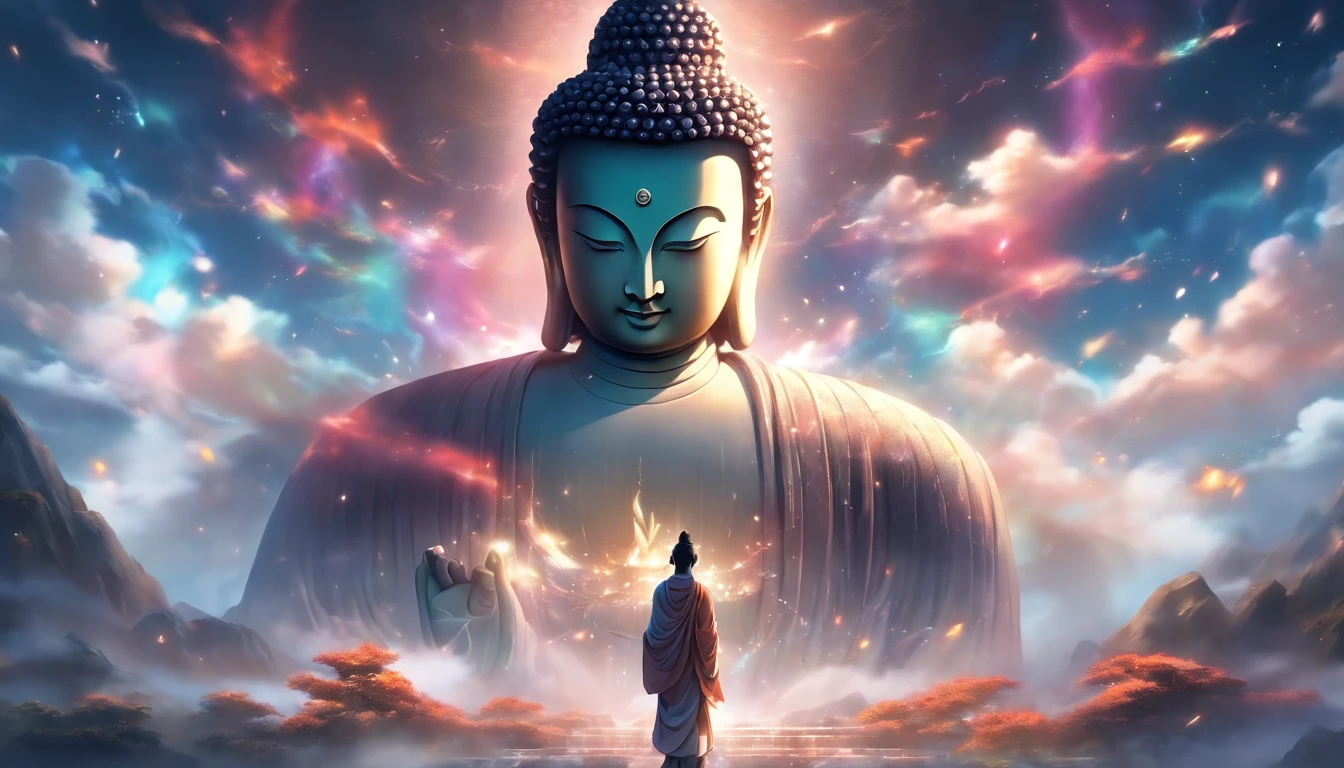 China-style，In the distance, A huge tall Buddha statue stands in space，Gaze at the earth，Standing Buddha statue，with light glowing，Glow effects，Pilgrims on the road，Hyper-realistic，Ultra photo realsisim，Real Photographics，8K，High definition，high qulity，Works of masters，super-fine，Chinese black and white ink style，（（（white colors））），Decolorization，Smudge，ink，8K，super-fine，high qulity，（（（OC renderer）））