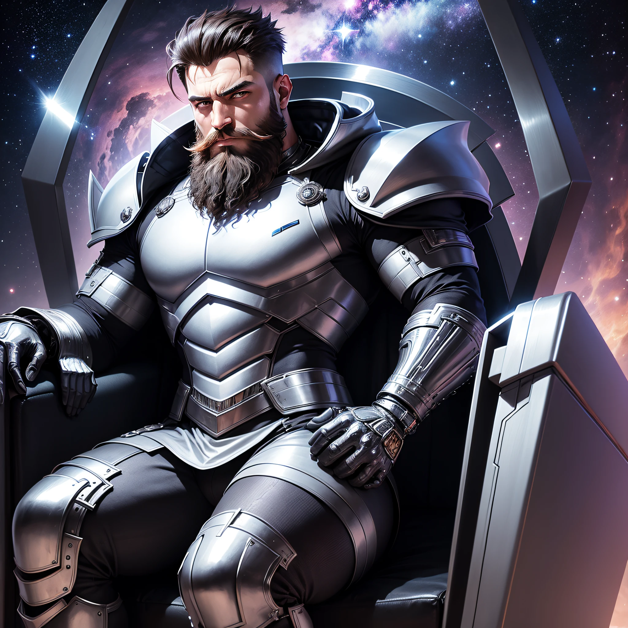 Powerful male with short hair, big beard, clothes made out of chrome, sitting on his throne, galaxy in the background.